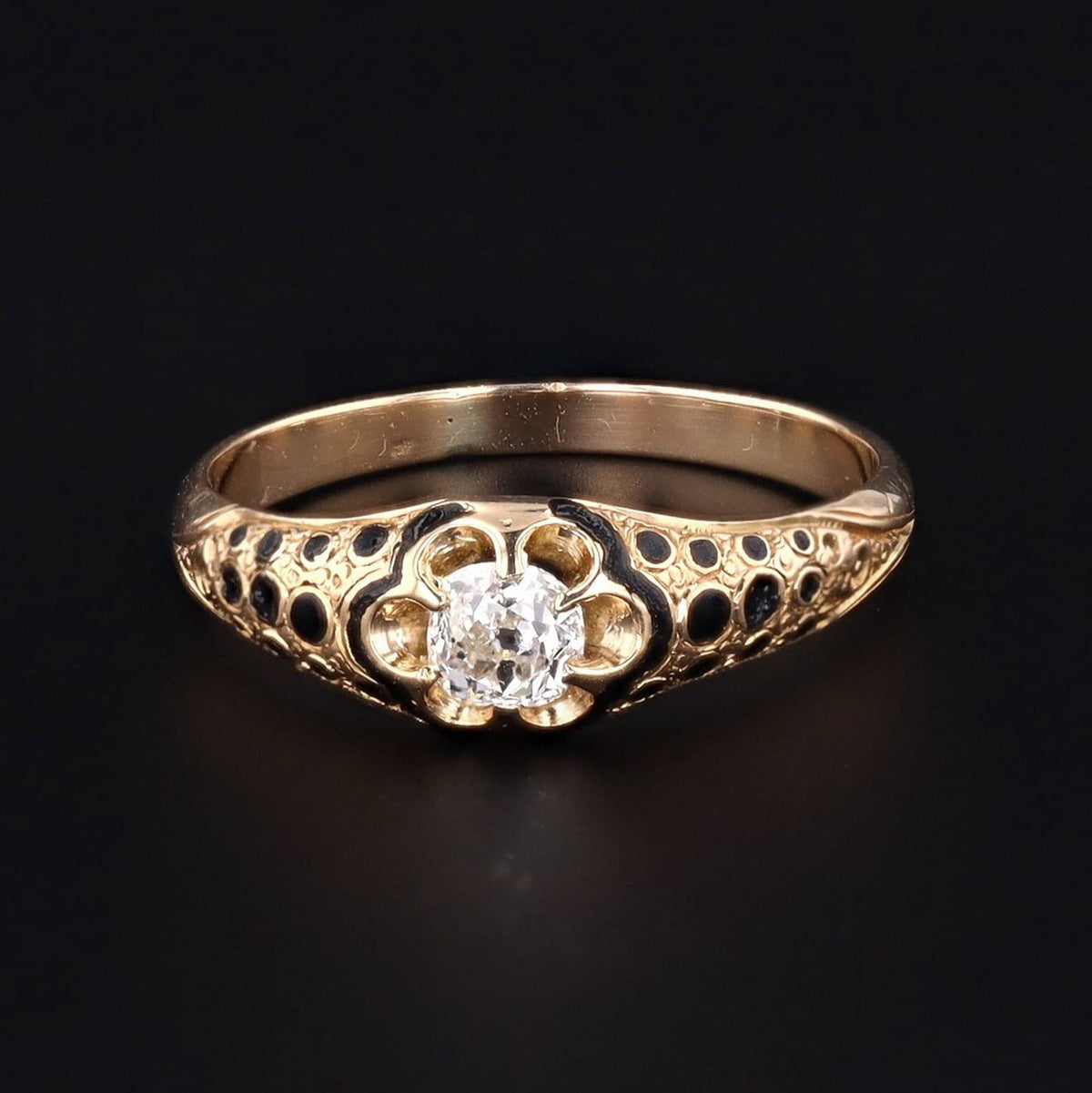 Antique 18k Gold &amp; Black Enamel Ring | Black Enamel and Diamond Band - Trademark Antiques