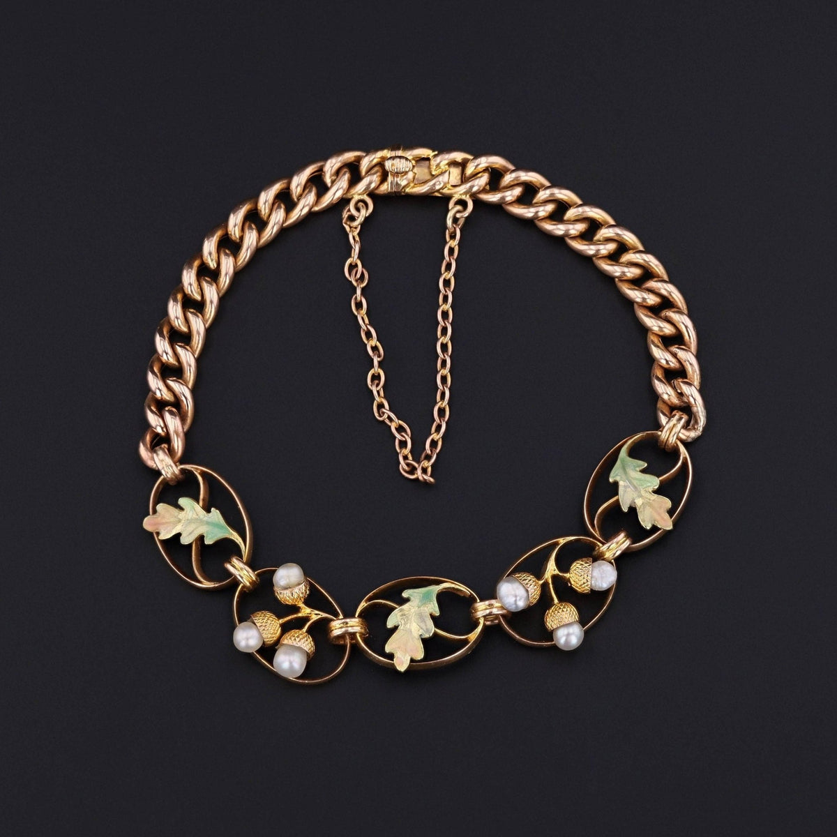 Antique Acorn and Oak Leaf Enamel Bracelet of 18k Gold - Trademark Antiques