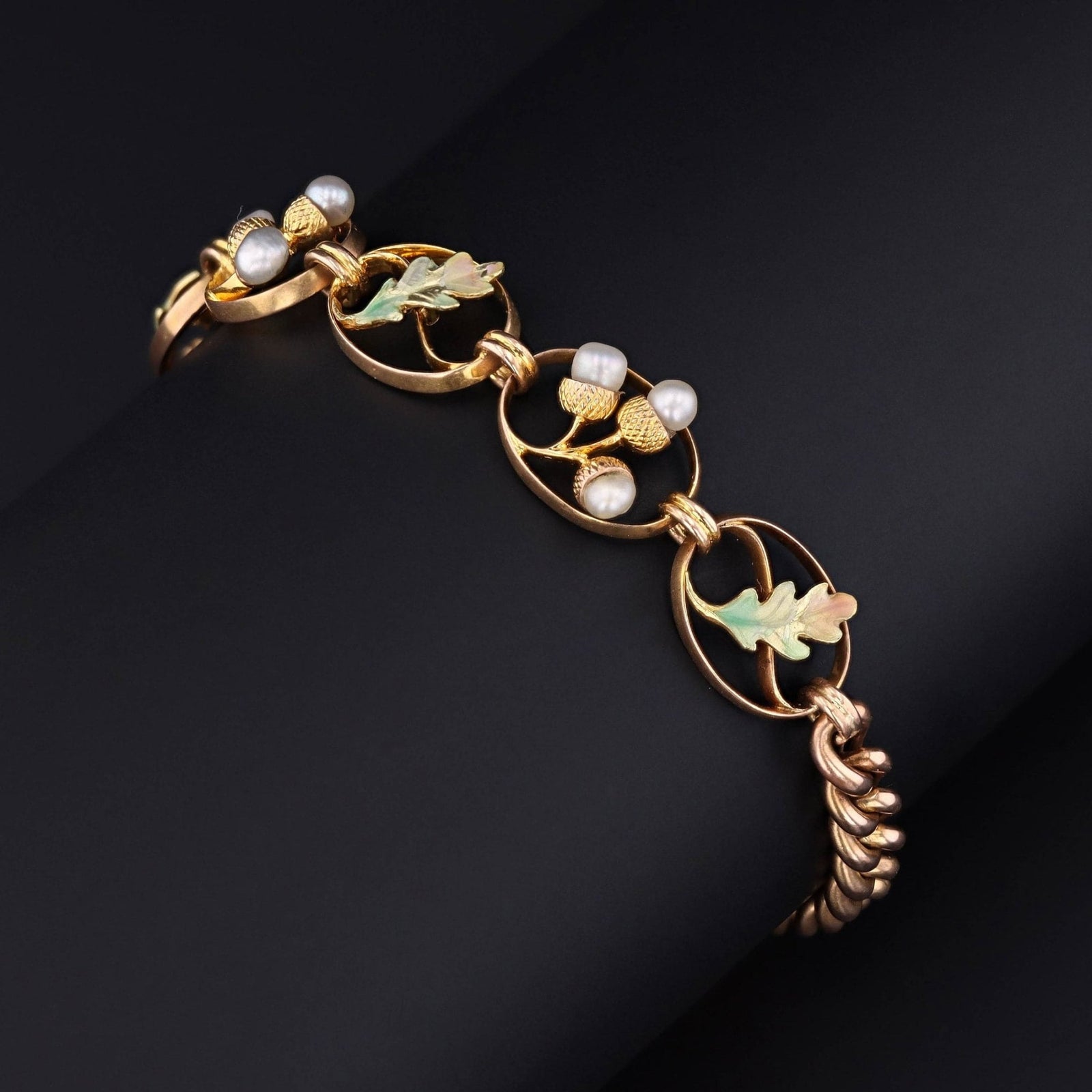 Antique Acorn and Oak Leaf Enamel Bracelet of 18k Gold - Trademark Antiques