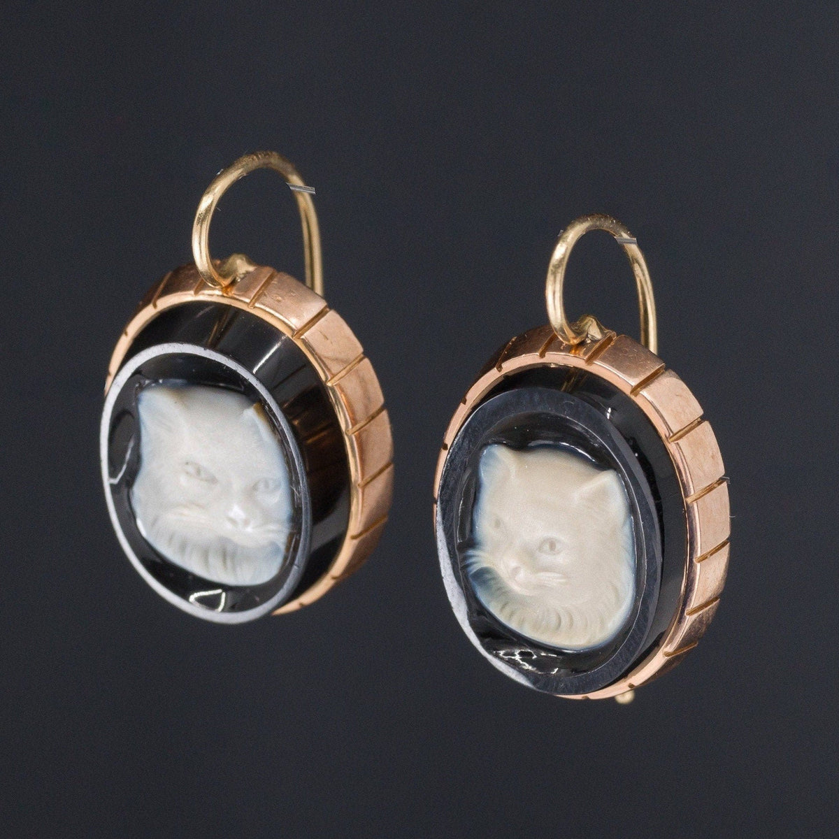 Antique Agate Cat Earrings of 14k Gold - Trademark Antiques