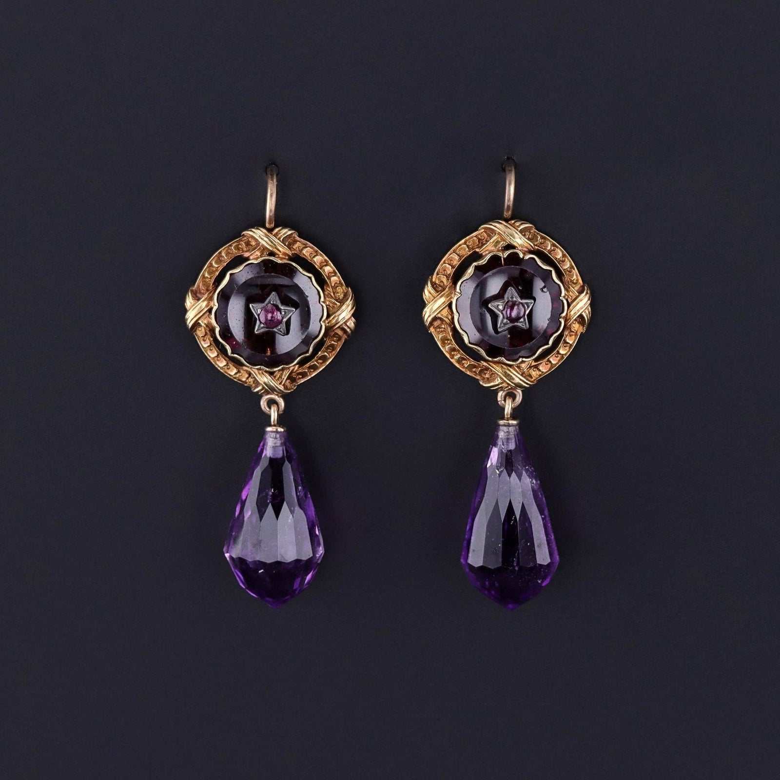 Antique Amethyst Briolette and Garnet Conversion Earrings of 18k Gold - Trademark Antiques