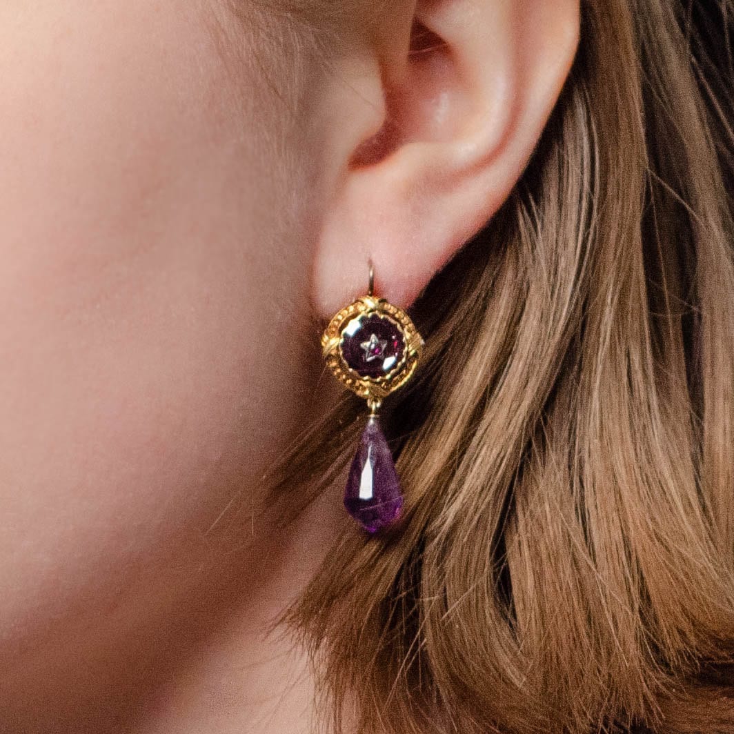 Antique Amethyst Briolette and Garnet Conversion Earrings of 18k Gold - Trademark Antiques