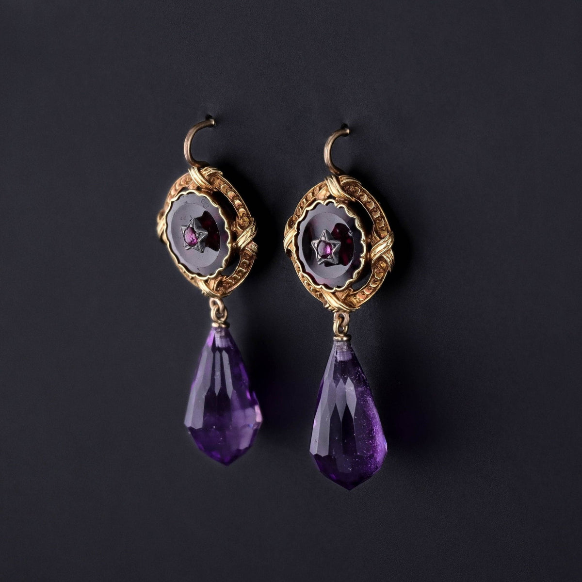 Antique Amethyst Briolette and Garnet Conversion Earrings of 18k Gold - Trademark Antiques