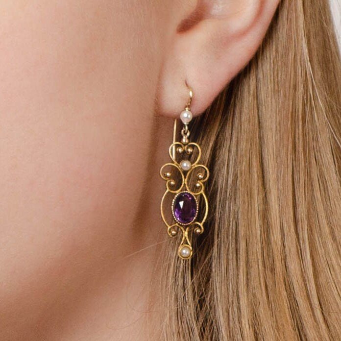 Antique Amethyst Conversion Earrings of 14k Gold - Trademark Antiques