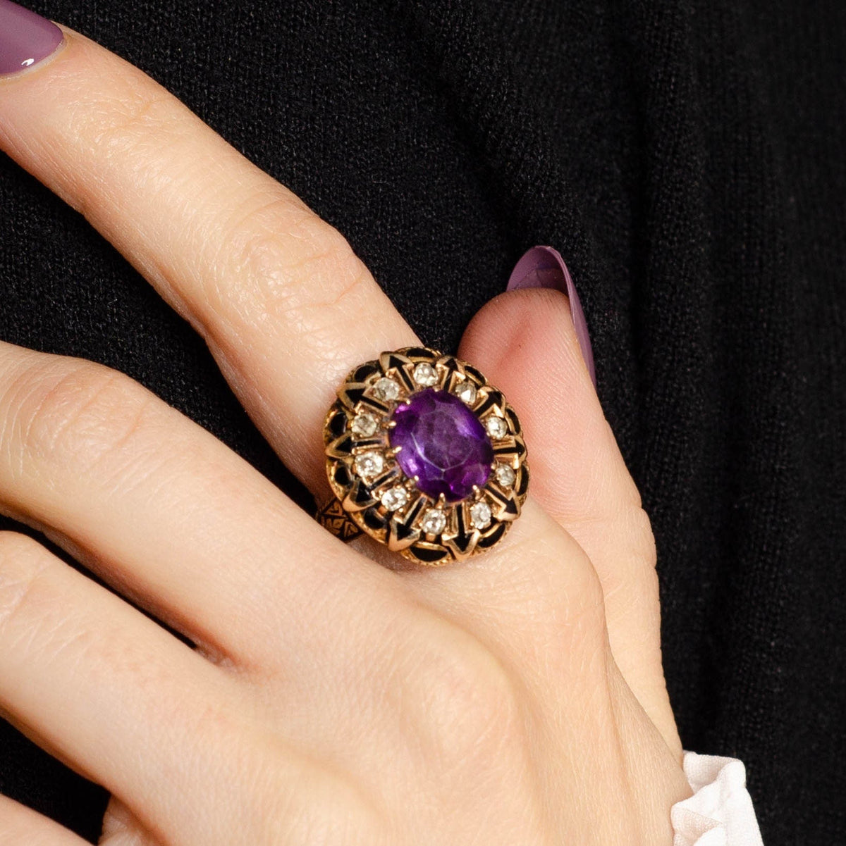 Antique Amethyst Diamond &amp; Enamel Ring | 14k Gold Amethyst Ring - Trademark Antiques