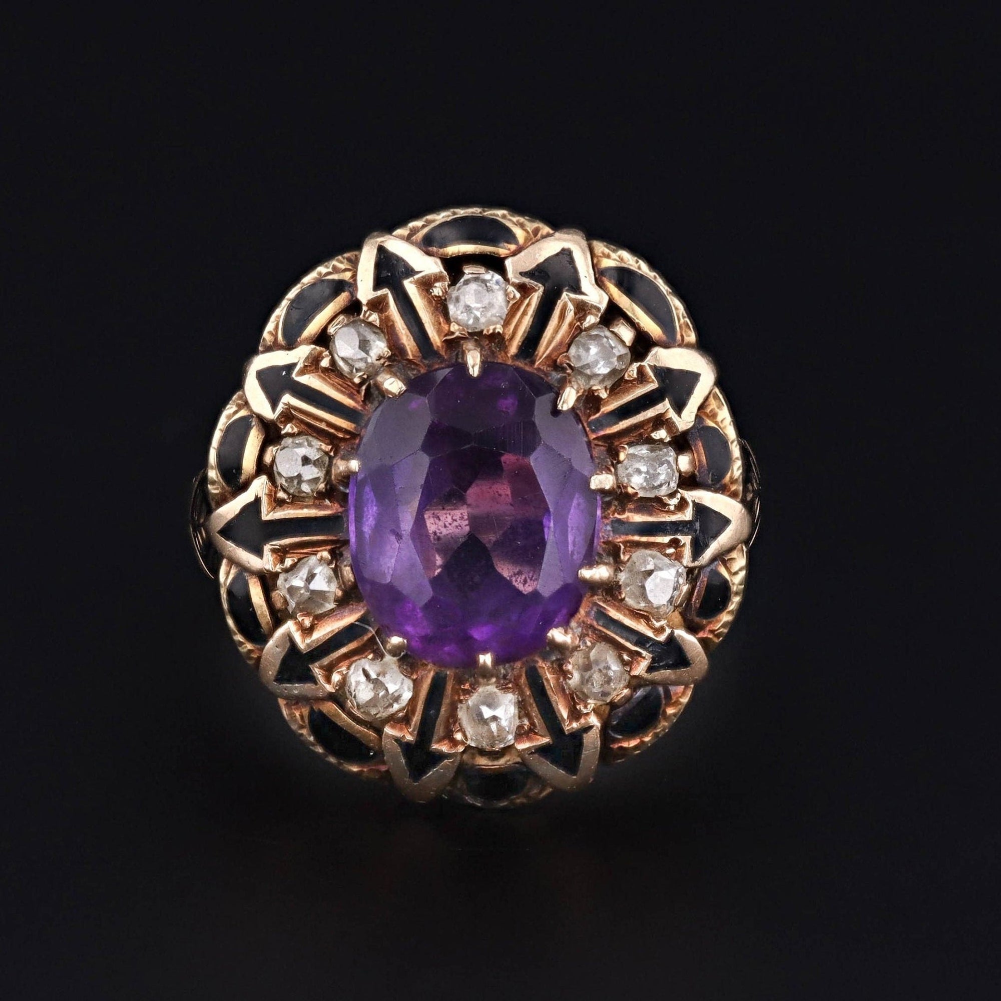 Antique Amethyst Diamond & Enamel Ring | 14k Gold Amethyst Ring - Trademark Antiques