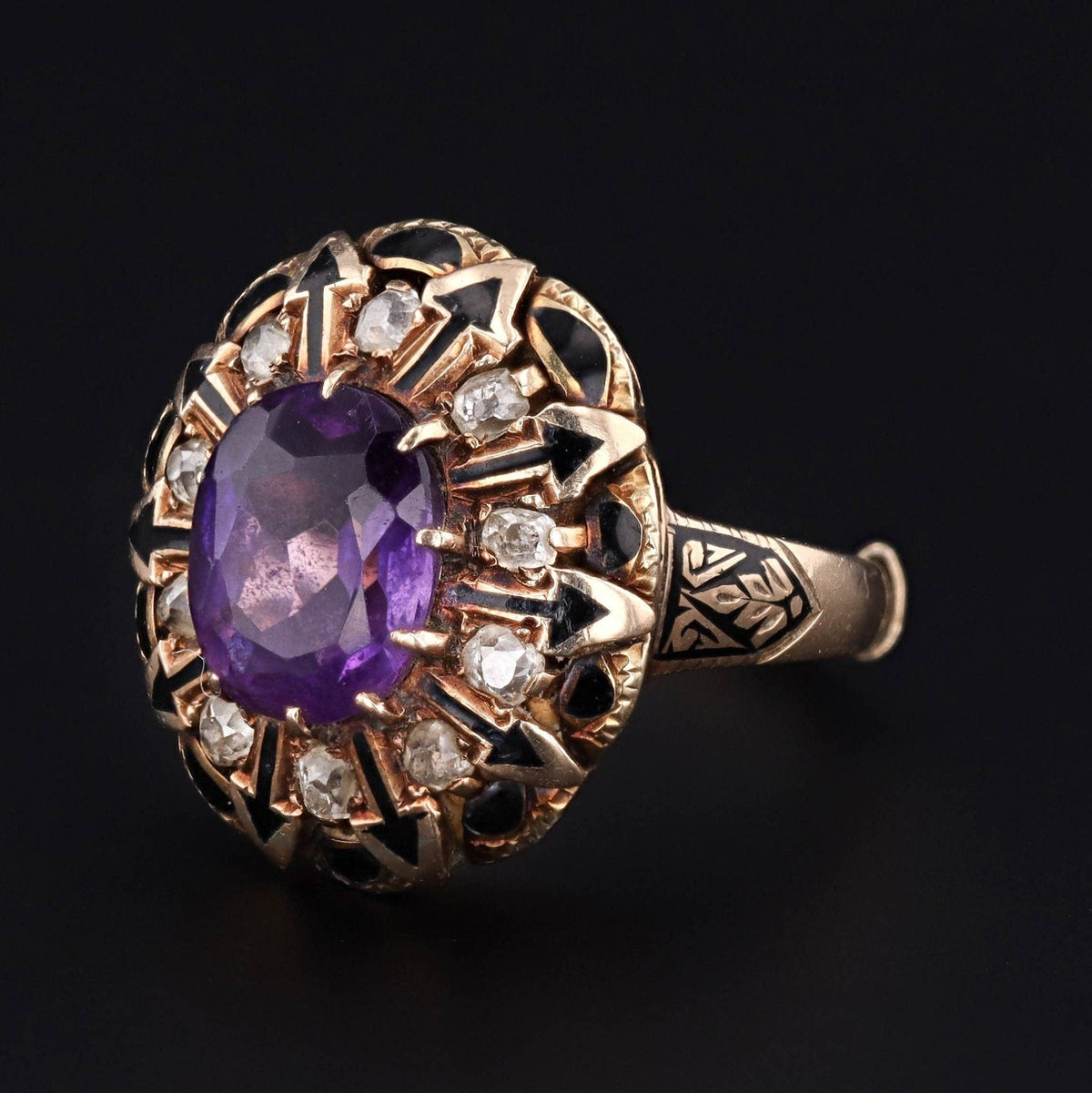 Antique Amethyst Diamond &amp; Enamel Ring | 14k Gold Amethyst Ring - Trademark Antiques