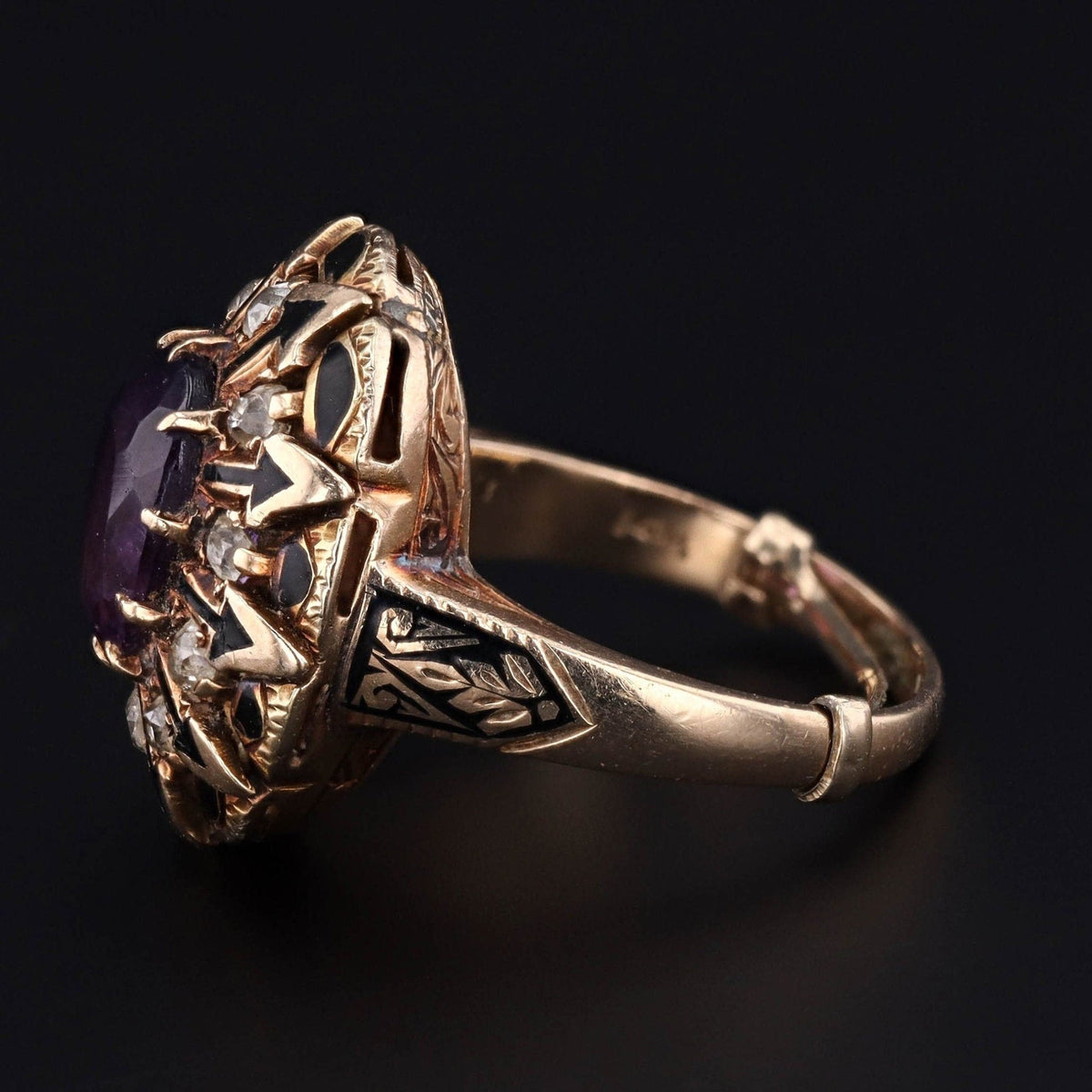 Antique Amethyst Diamond &amp; Enamel Ring | 14k Gold Amethyst Ring - Trademark Antiques