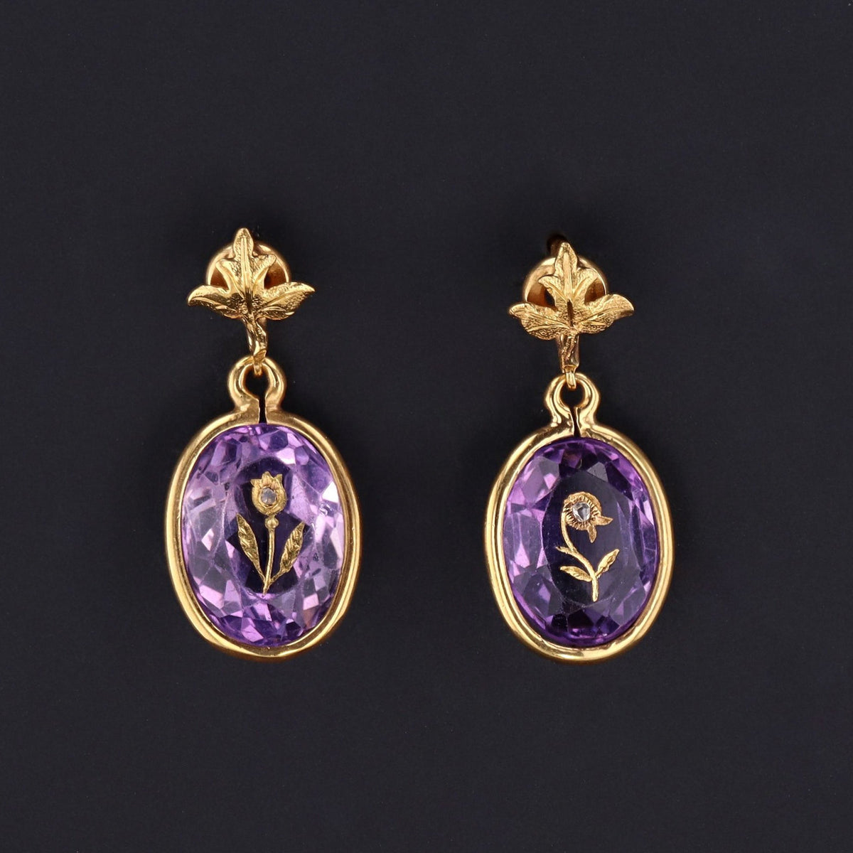 Antique Amethyst &amp; Diamond Flower Earrings | 14k Gold Earrings - Trademark Antiques