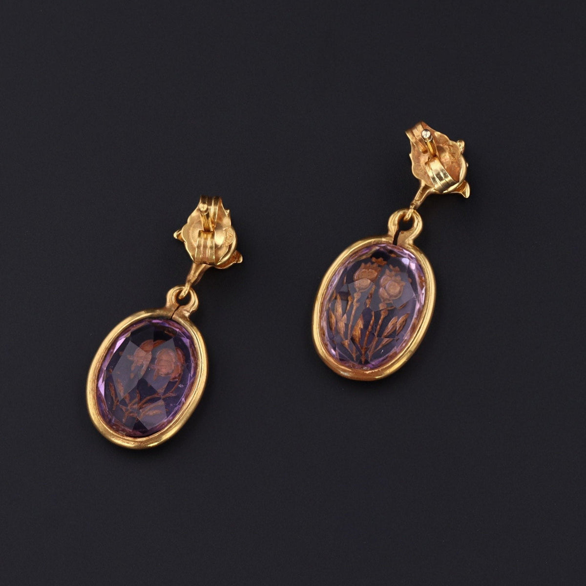 Antique Amethyst &amp; Diamond Flower Earrings | 14k Gold Earrings - Trademark Antiques