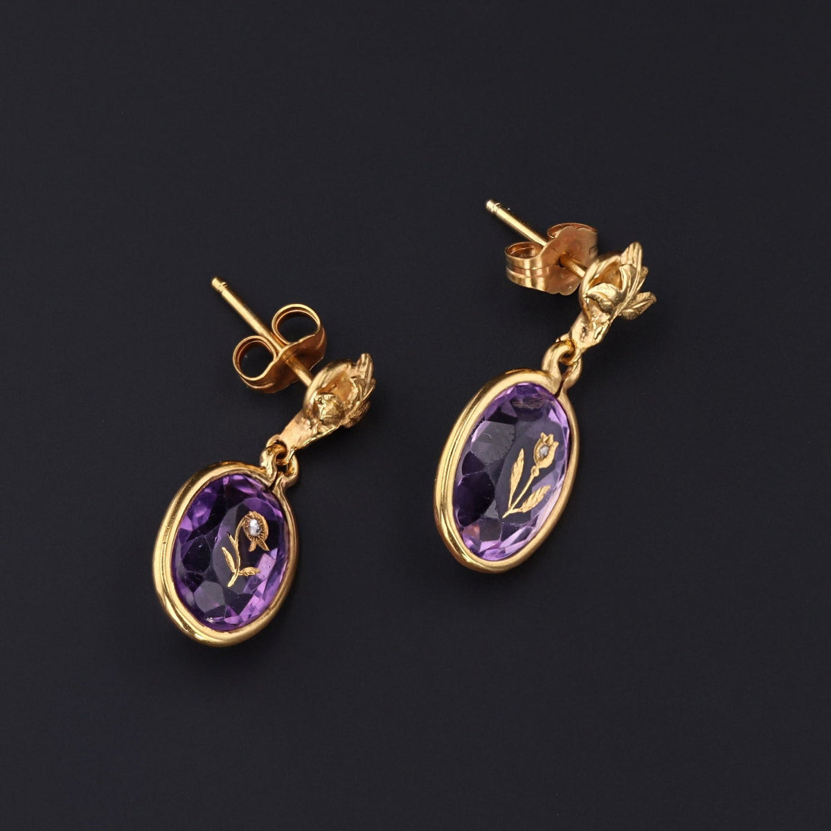Antique Amethyst &amp; Diamond Flower Earrings | 14k Gold Earrings - Trademark Antiques