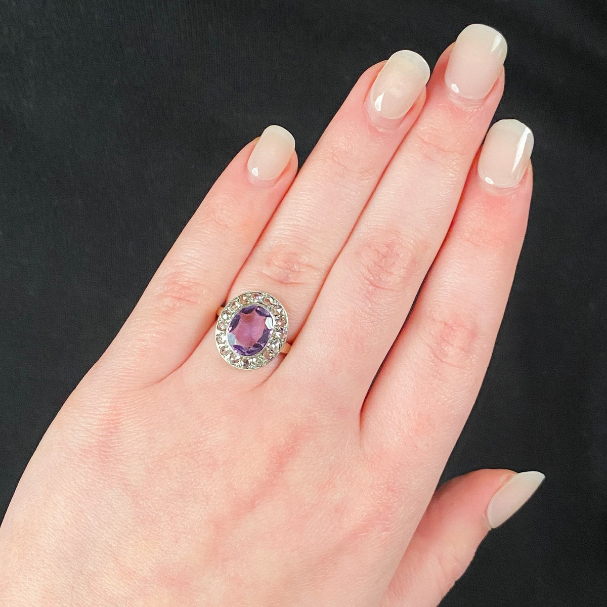 Antique Amethyst Halo Ring of Platinum &amp; 14k Gold - Trademark Antiques