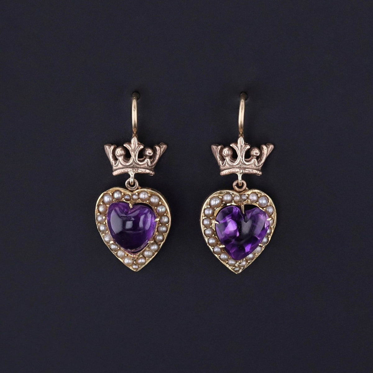 Antique Amethyst Heart Earrings of 14k Gold - Trademark Antiques