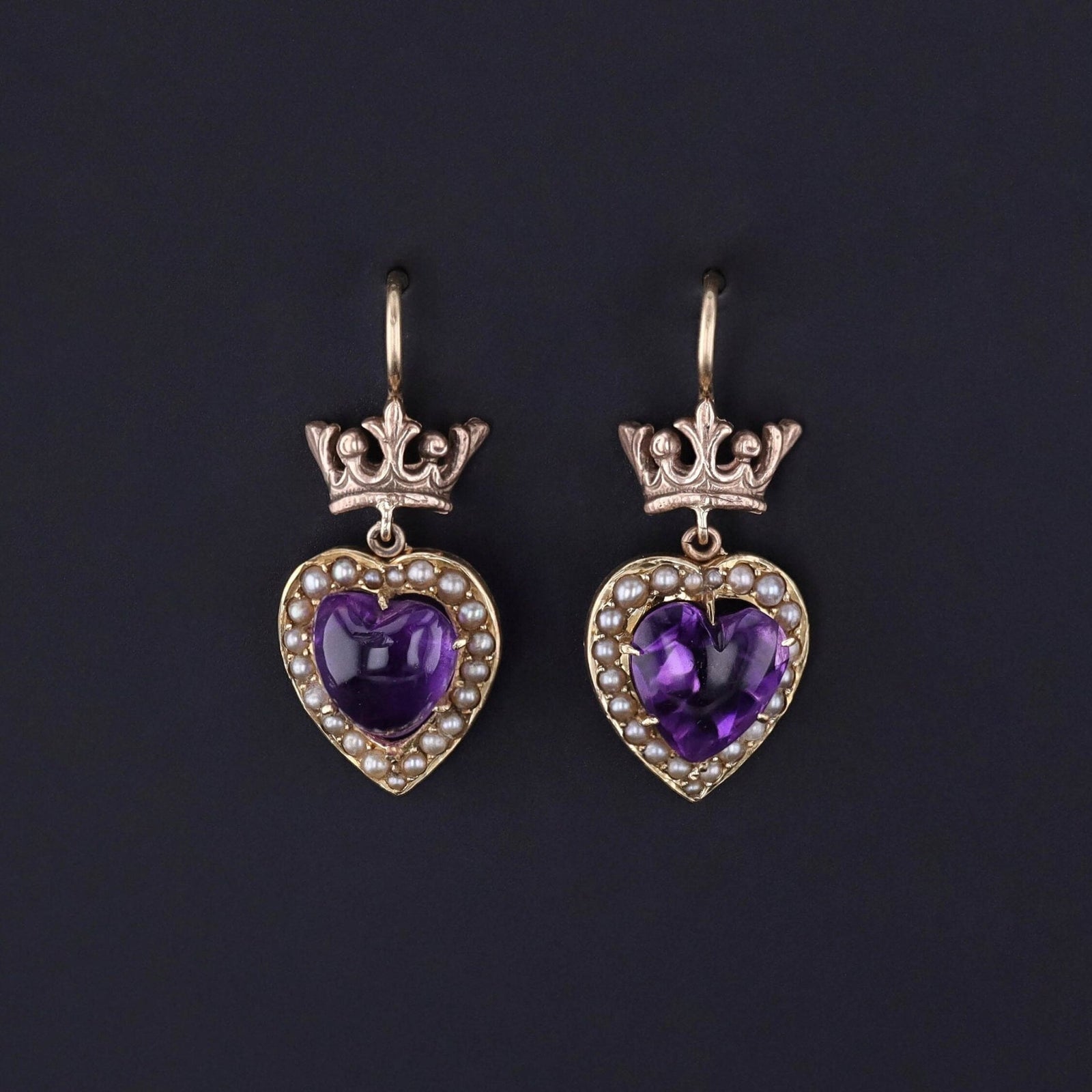 Antique Amethyst Heart Earrings of 14k Gold - Trademark Antiques