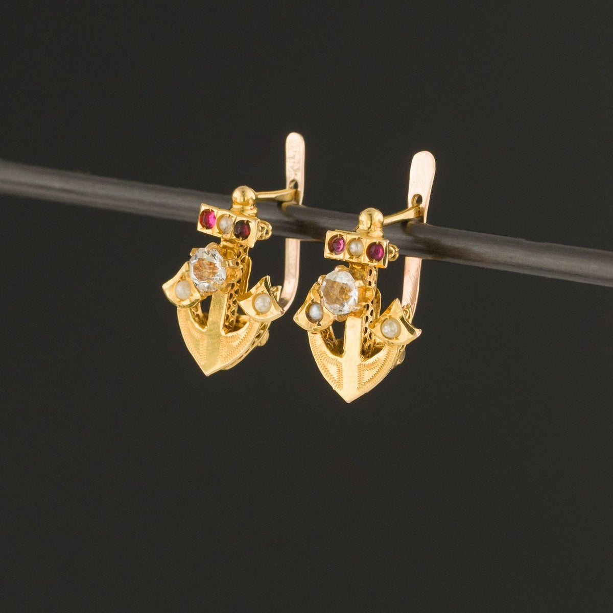 Antique Anchor Earrings | 14k Gold Anchor Earrings with Paste Accents - Trademark Antiques