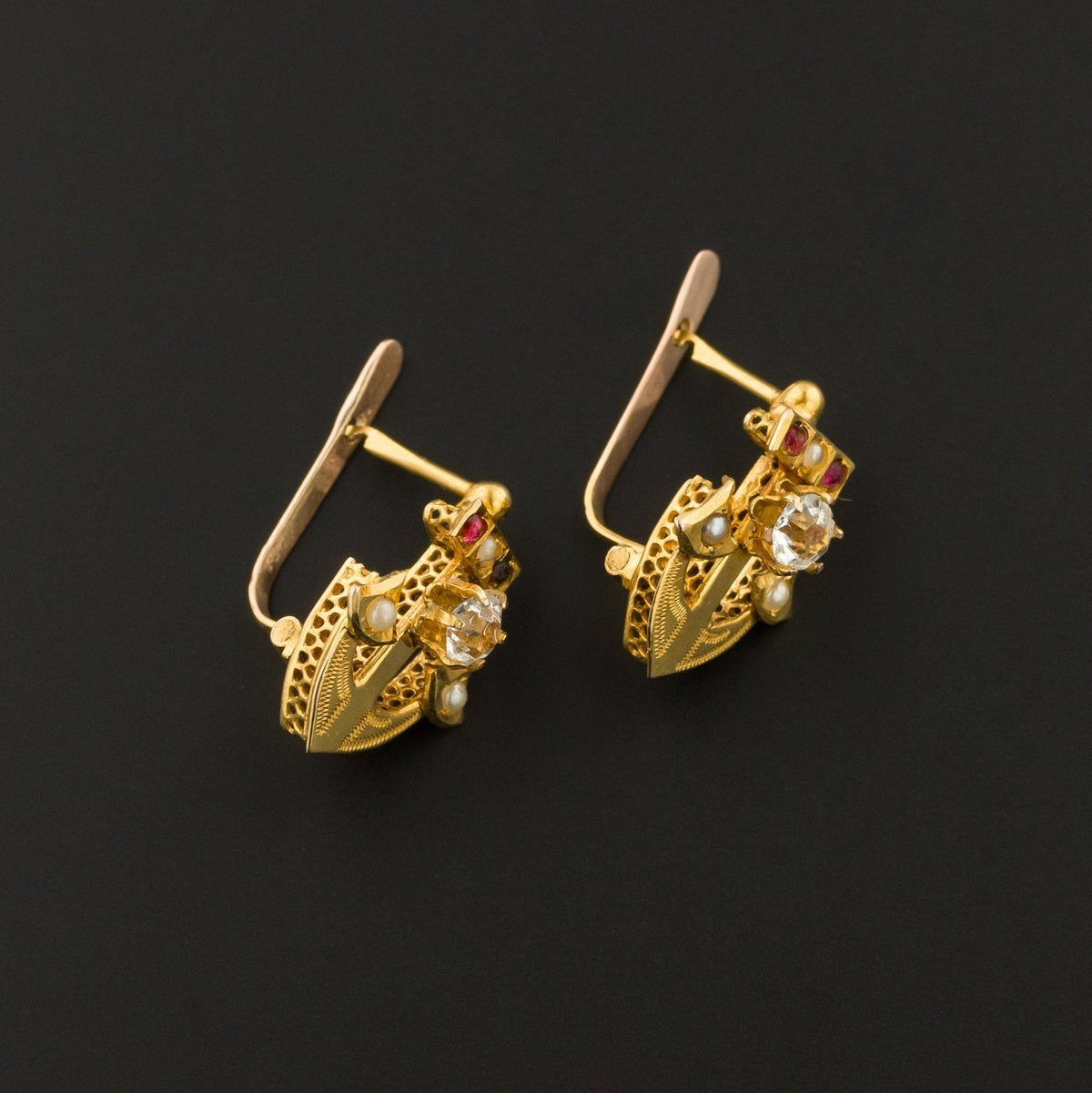 Antique Anchor Earrings | 14k Gold Anchor Earrings with Paste Accents - Trademark Antiques