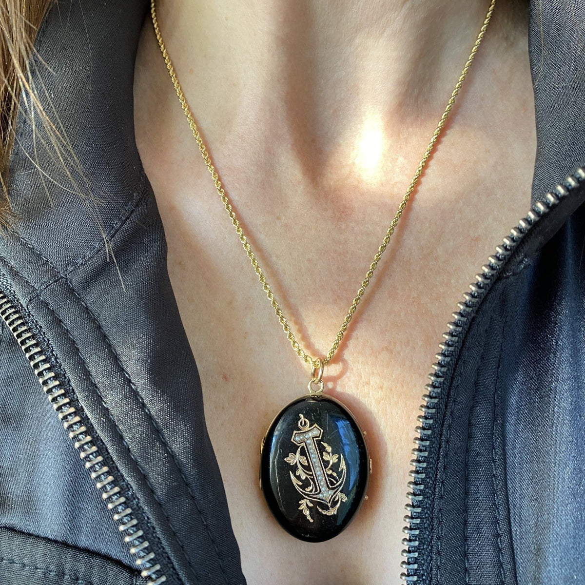 Antique Anchor Locket | Antique Black Enamel Locket - Trademark Antiques