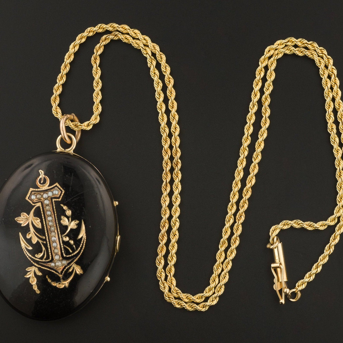 Antique Anchor Locket | Antique Black Enamel Locket - Trademark Antiques