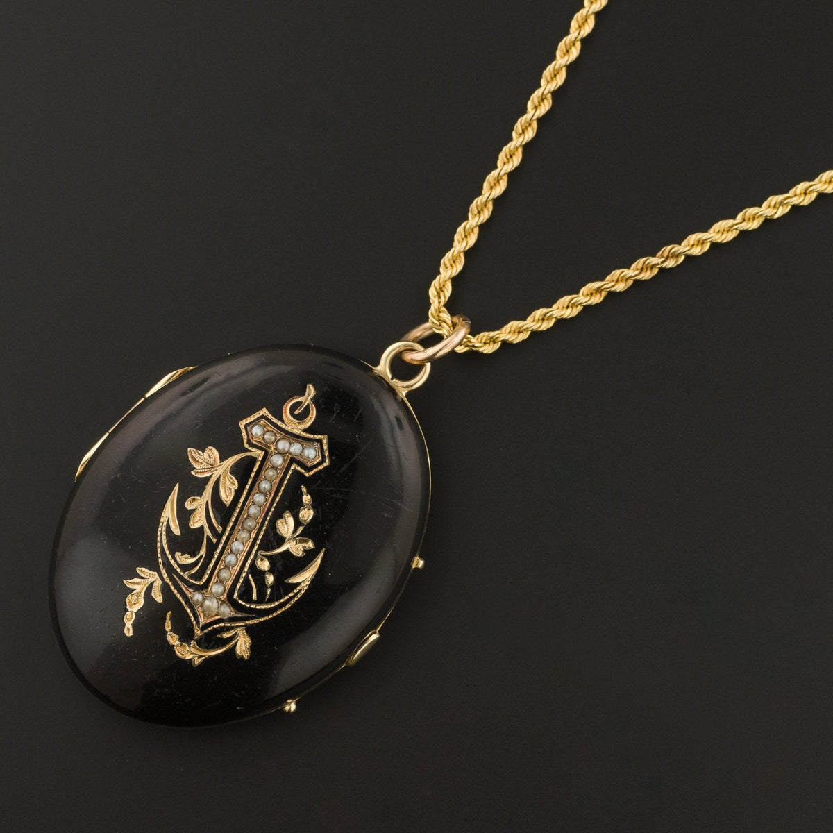 Antique Anchor Locket | Antique Black Enamel Locket - Trademark Antiques