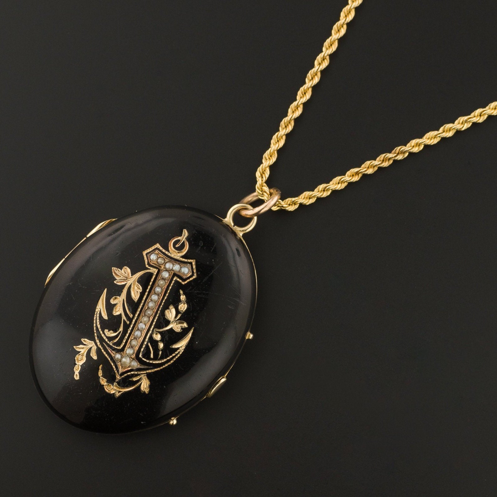 Antique Anchor Locket | Antique Black Enamel Locket - Trademark Antiques