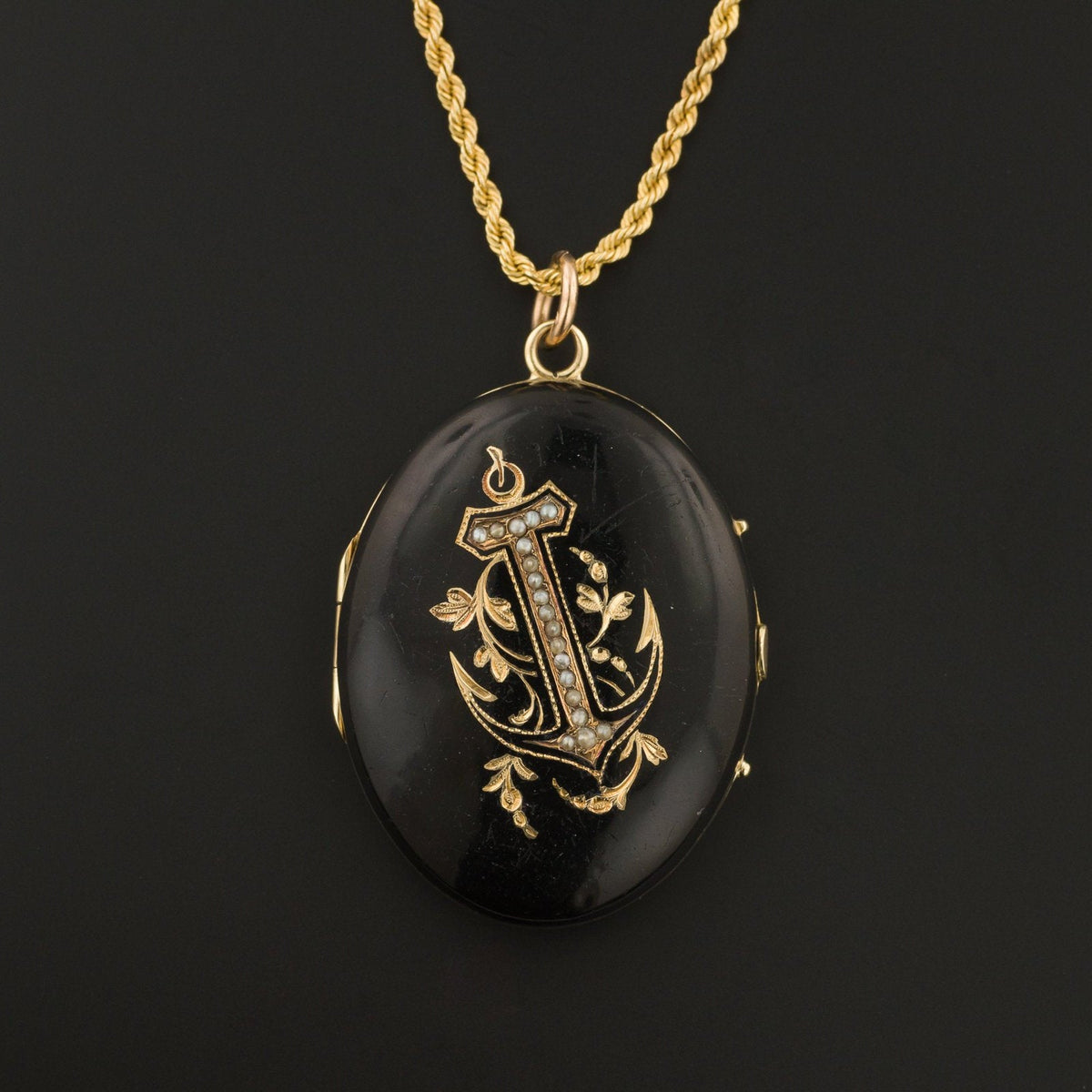 Antique Anchor Locket | Antique Black Enamel Locket - Trademark Antiques