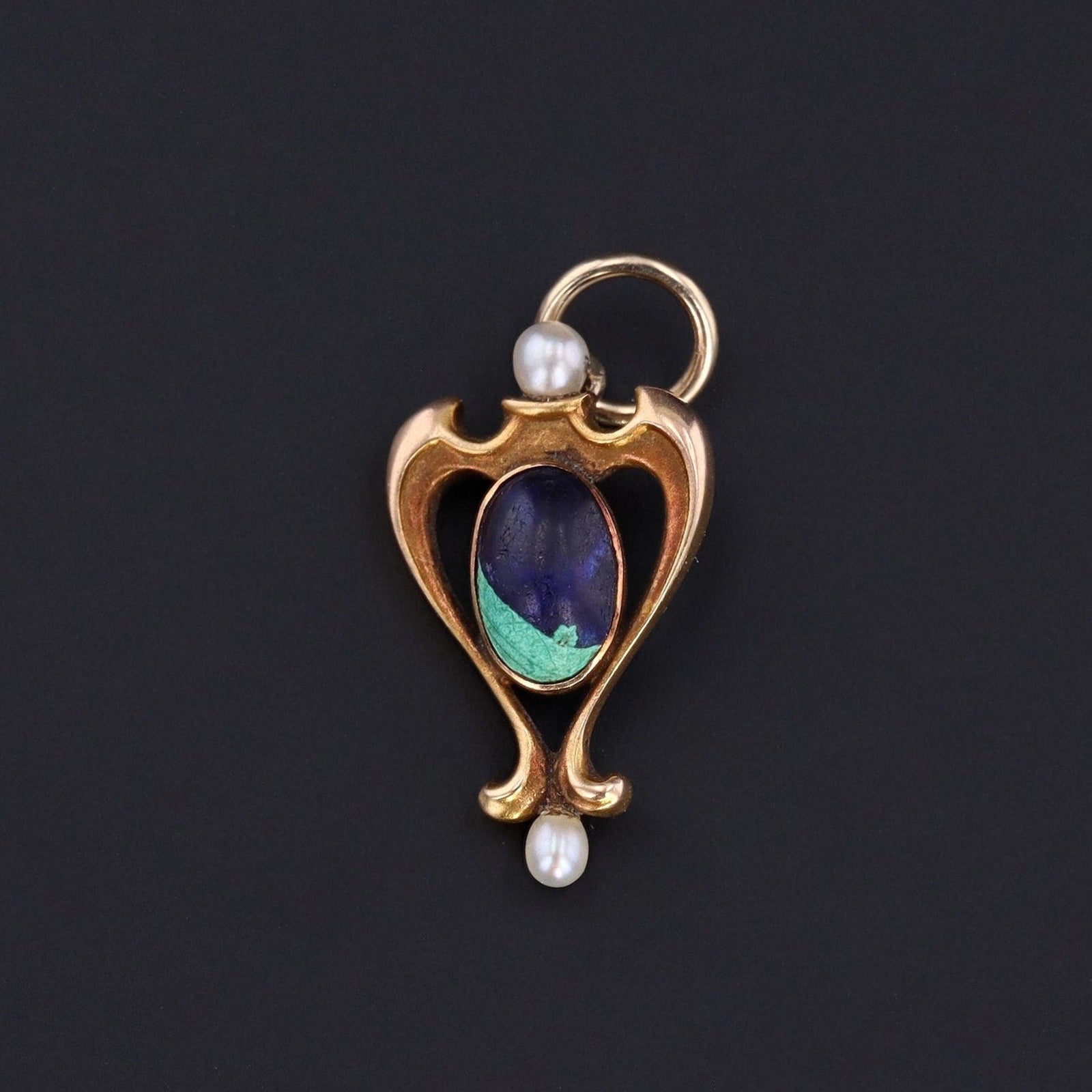 Antique Azurite Malachite with Pearl Conversion Charm of 14k Gold - Trademark Antiques