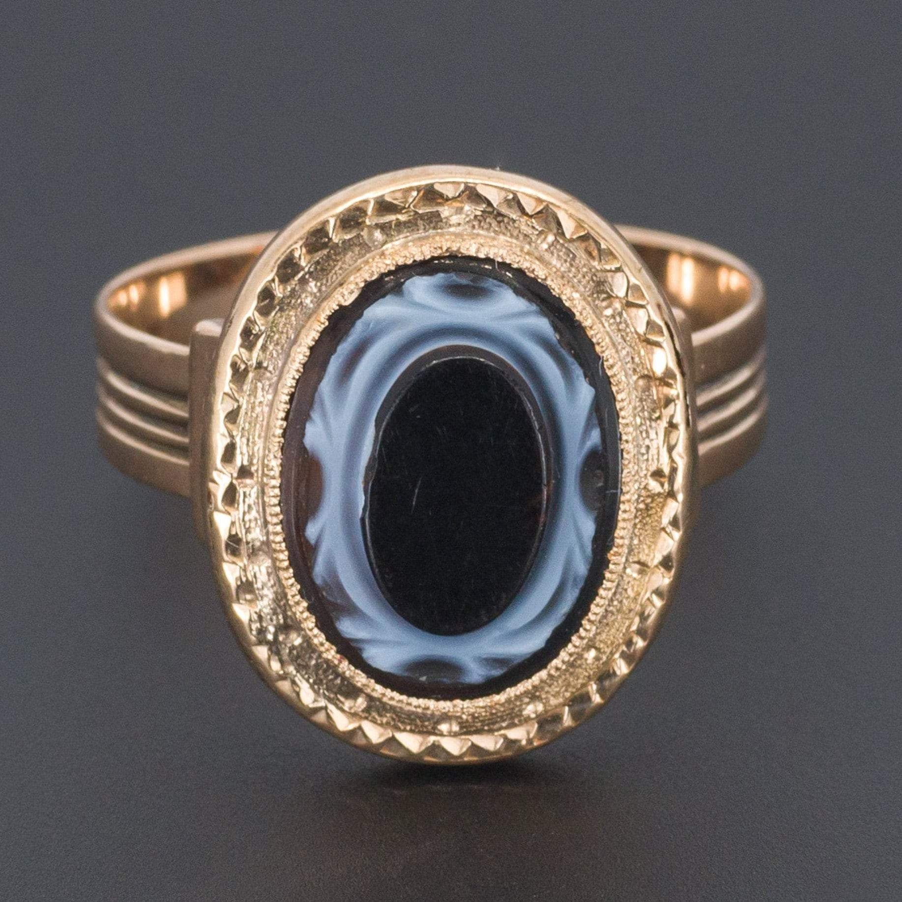 Antique Banded Agate Ring | Carved Banded Agate Ring - Trademark Antiques