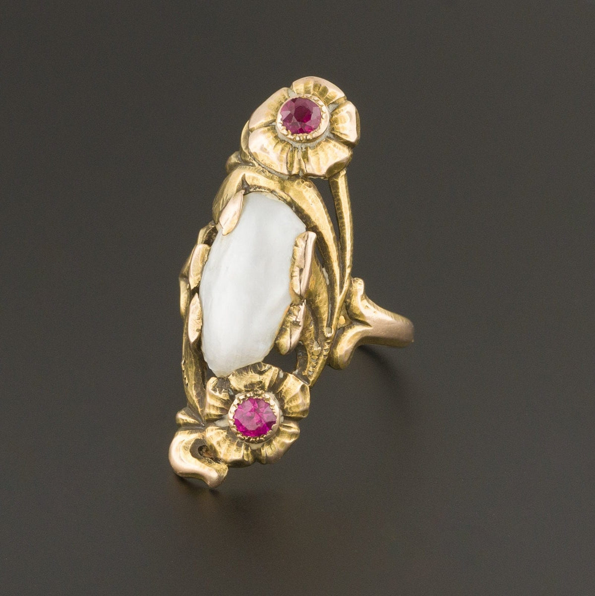 Antique Baroque Pearl and Ruby Ring of 10k Gold - Trademark Antiques