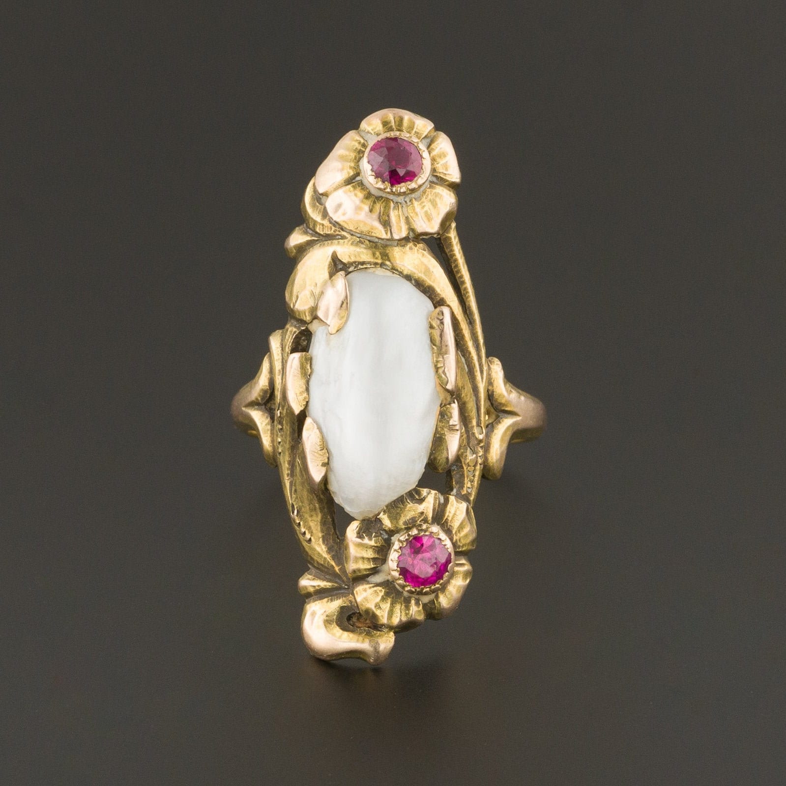 Antique Baroque Pearl and Ruby Ring of 10k Gold - Trademark Antiques