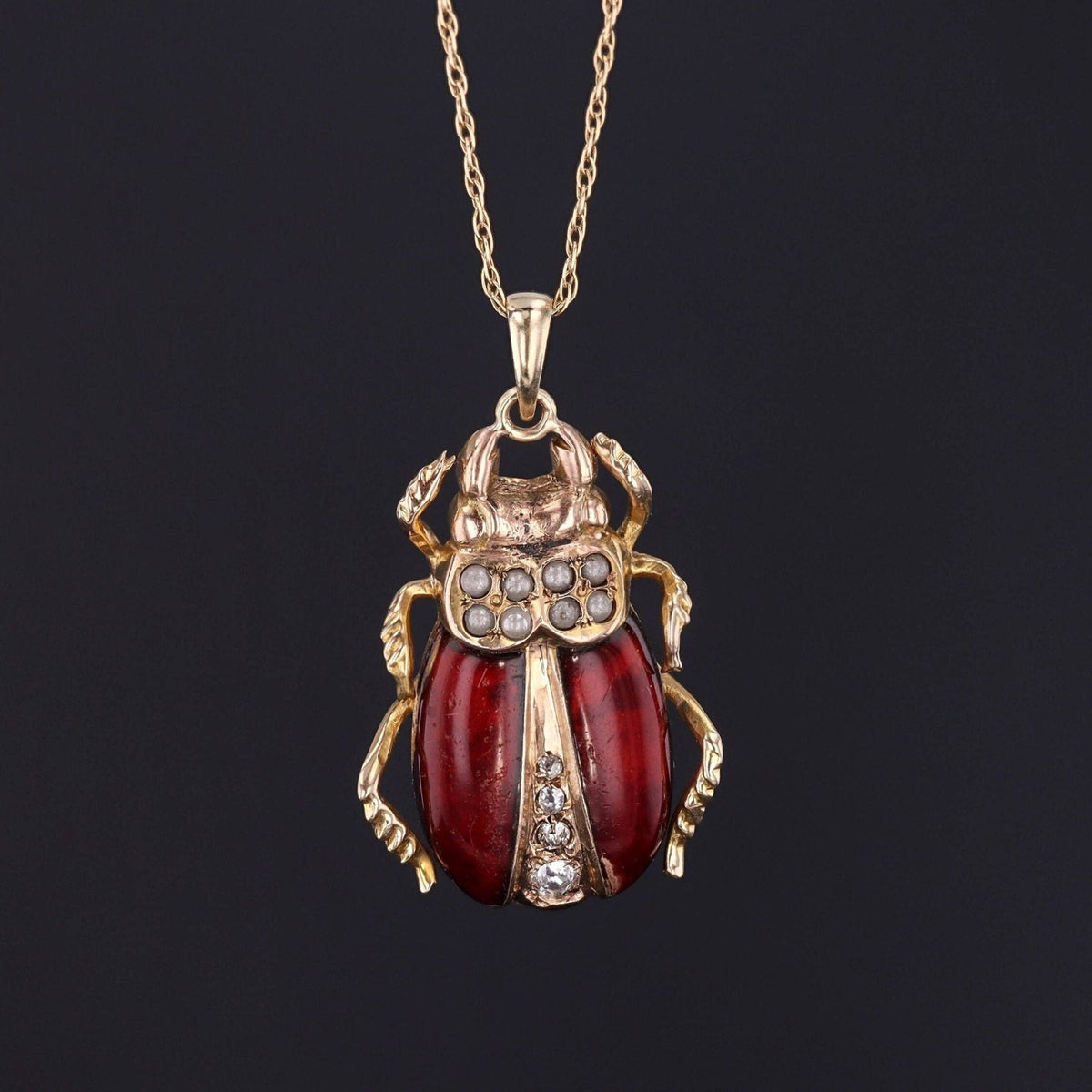 Antique Beetle Pendant | 10k Gold &amp; Enamel Pendant on Optional 14k Chain - Trademark Antiques