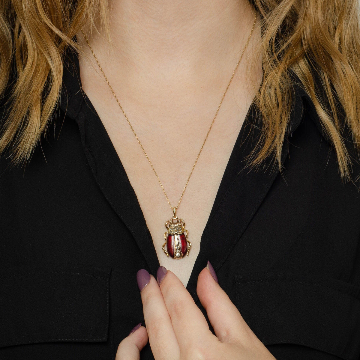 Antique Beetle Pendant | 10k Gold &amp; Enamel Pendant on Optional 14k Chain - Trademark Antiques