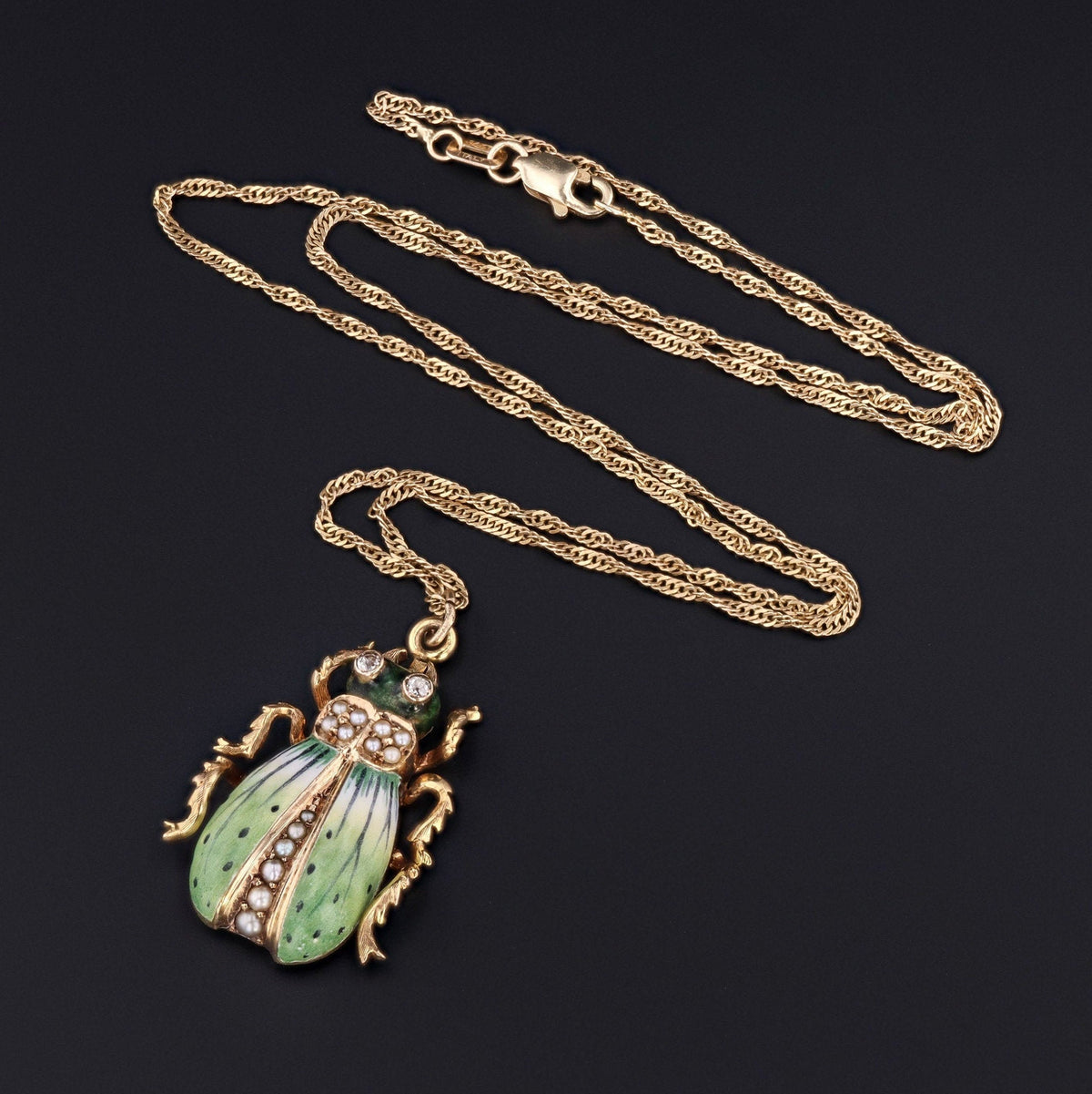 Antique Beetle Pendant | 14k Gold &amp; Enamel Pendant on Optional 14k Chain - Trademark Antiques