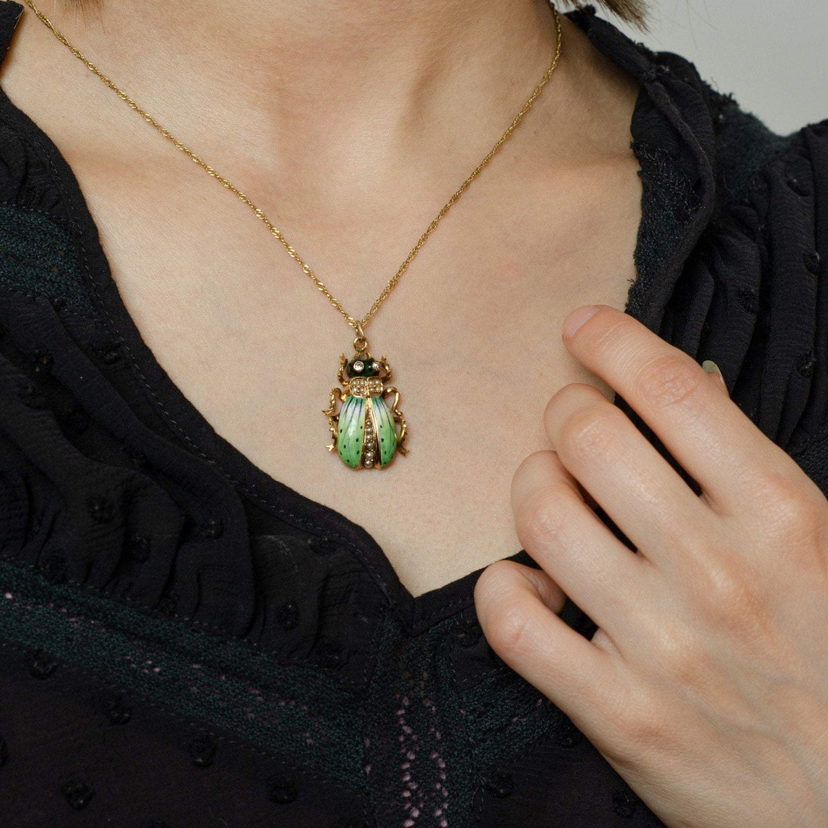 Antique Beetle Pendant | 14k Gold &amp; Enamel Pendant on Optional 14k Chain - Trademark Antiques