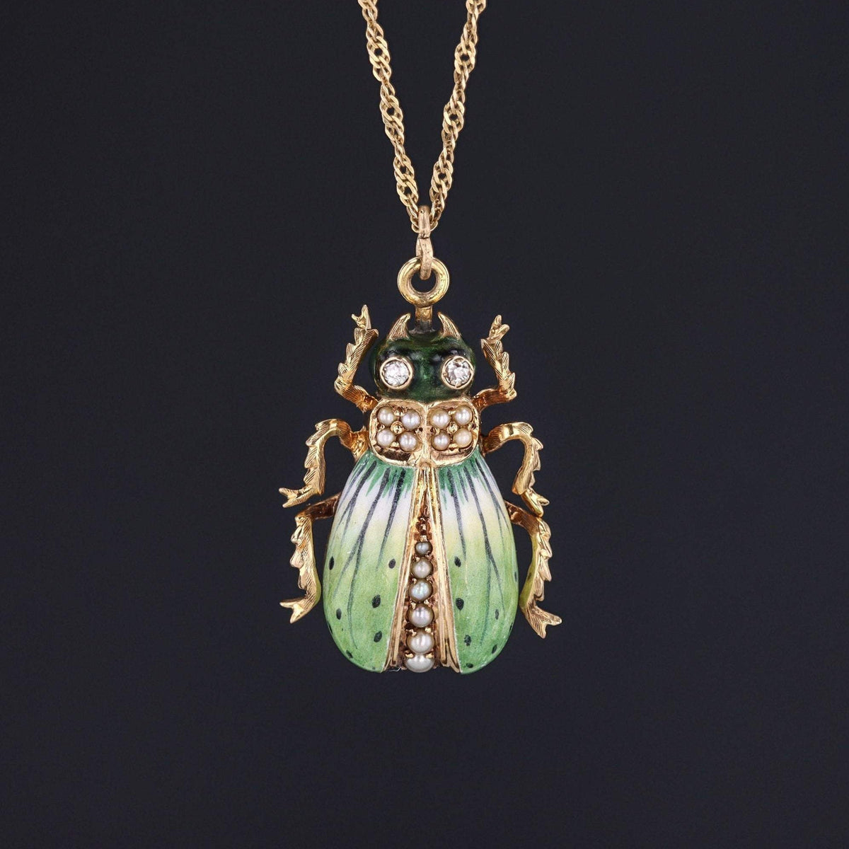 Antique Beetle Pendant | 14k Gold &amp; Enamel Pendant on Optional 14k Chain - Trademark Antiques