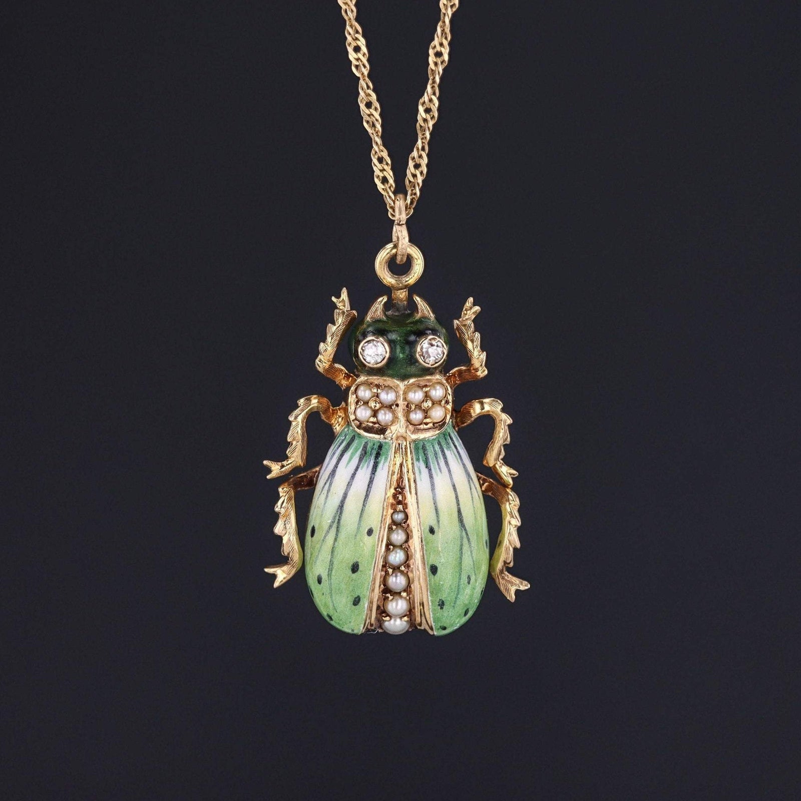 Antique Beetle Pendant | 14k Gold & Enamel Pendant on Optional 14k Chain - Trademark Antiques
