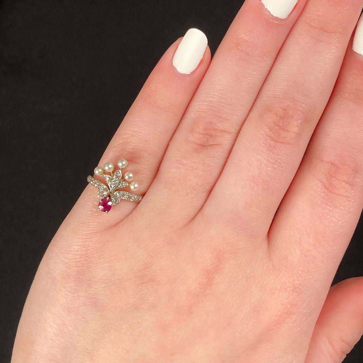 Antique Belle Epoque Ruby &amp; Pearl Ring of 18k Gold and Platinum - Trademark Antiques