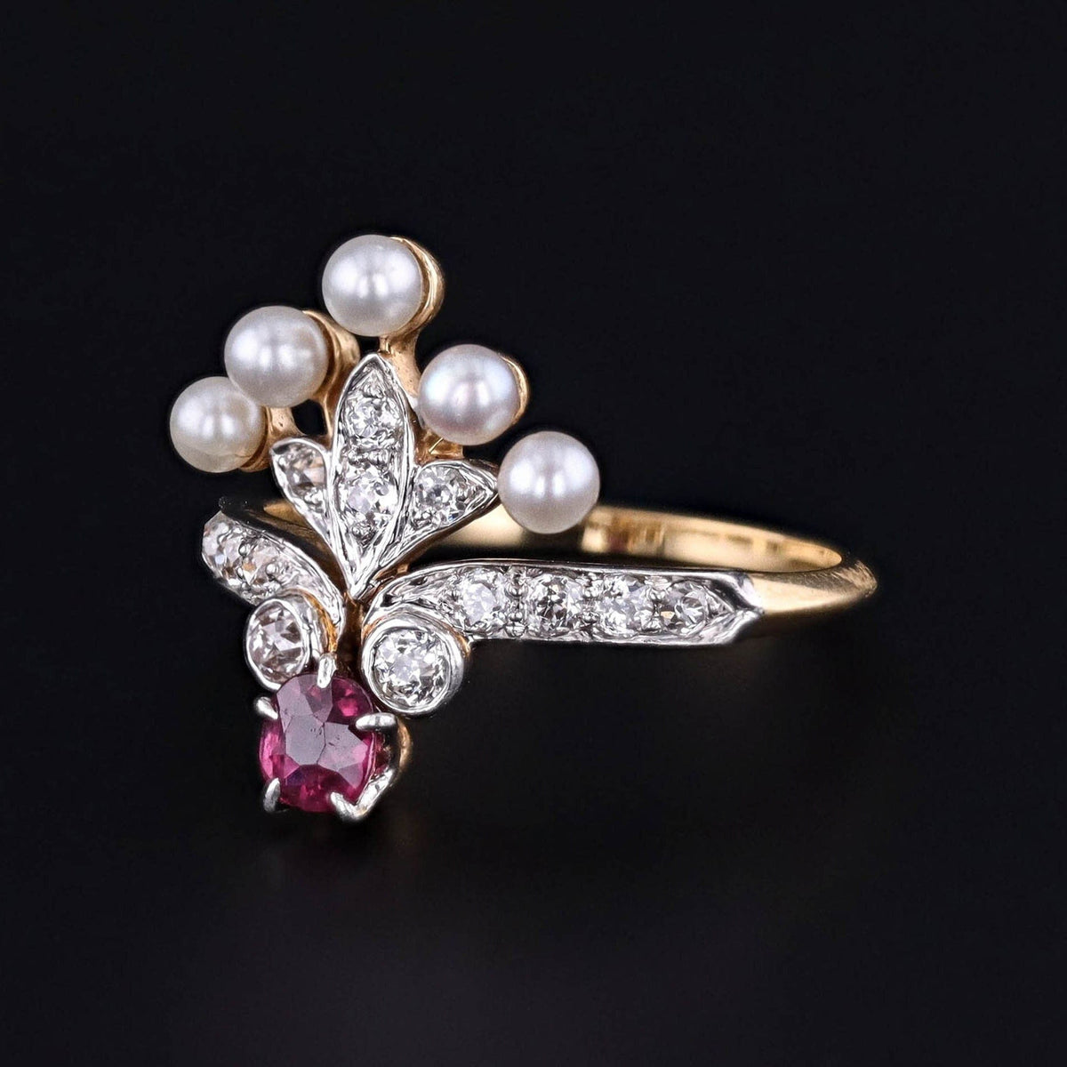 Antique Belle Epoque Ruby &amp; Pearl Ring of 18k Gold and Platinum - Trademark Antiques