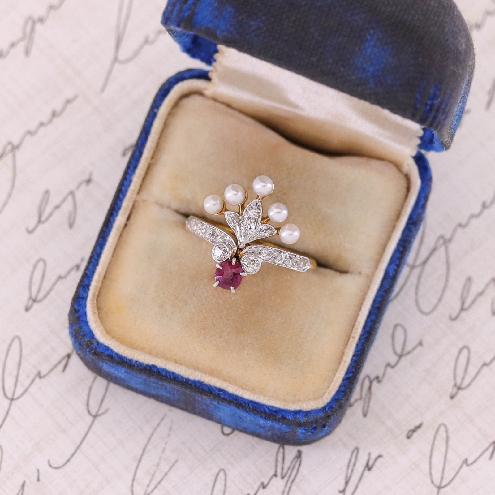 Antique Belle Epoque Ruby & Pearl Ring of 18k Gold and Platinum - Trademark Antiques