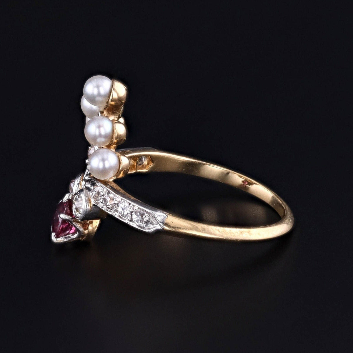 Antique Belle Epoque Ruby &amp; Pearl Ring of 18k Gold and Platinum - Trademark Antiques