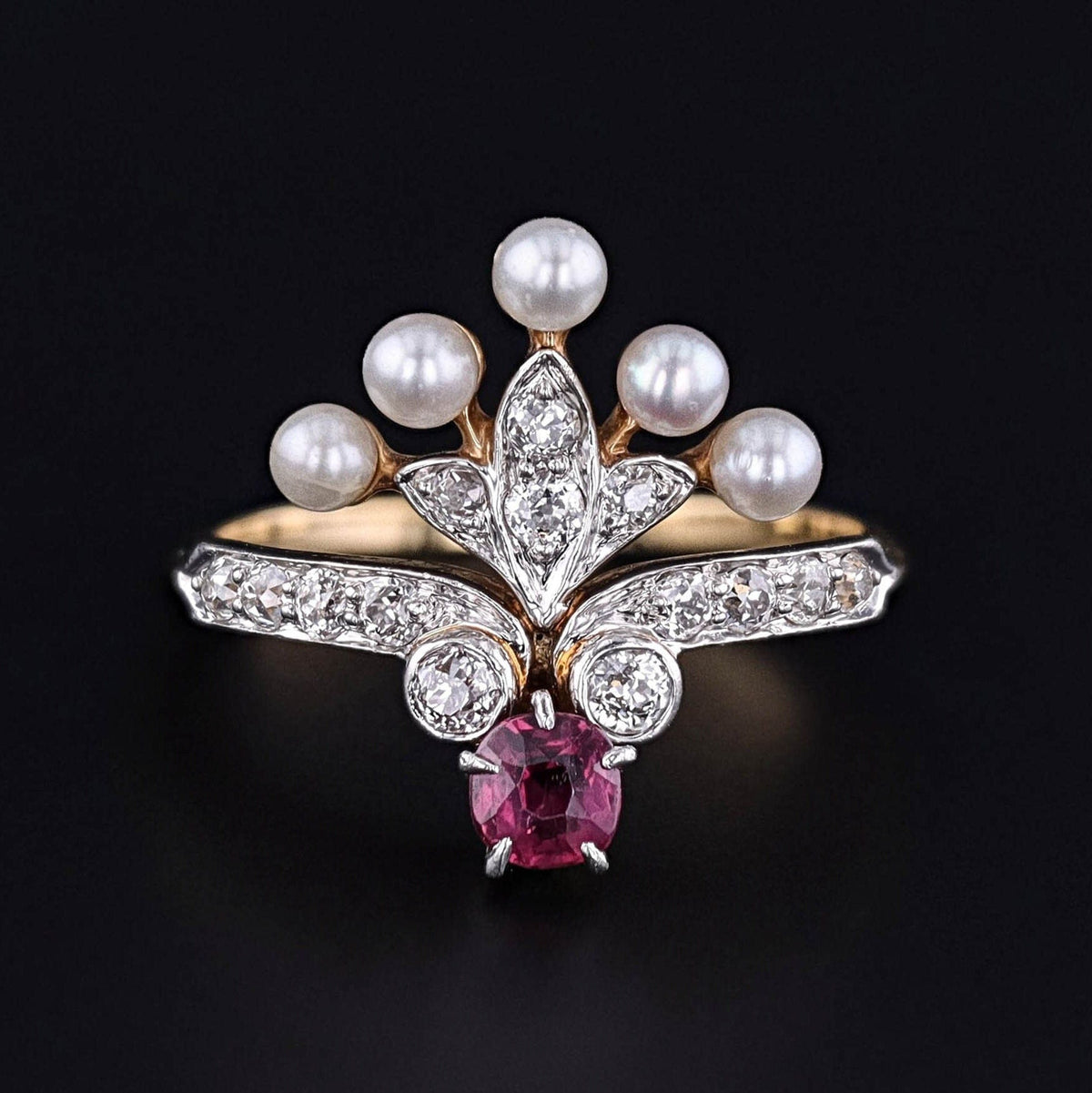 Antique Belle Epoque Ruby &amp; Pearl Ring of 18k Gold and Platinum - Trademark Antiques