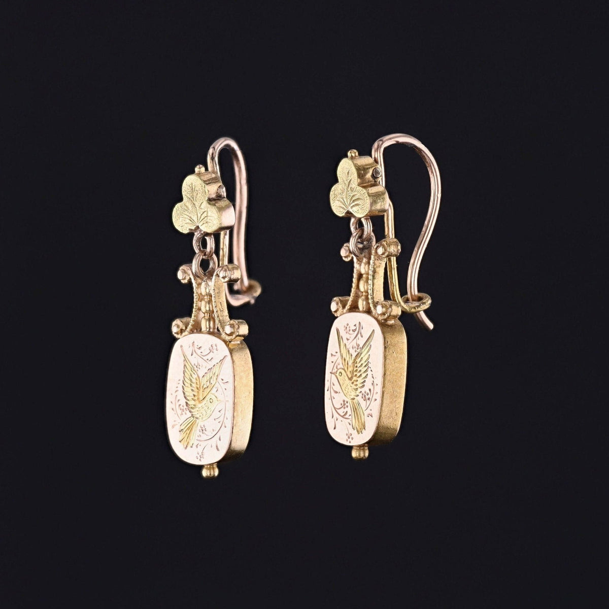 Antique Bird Earrings of 14k Rose and 18k Yellow Gold - Trademark Antiques