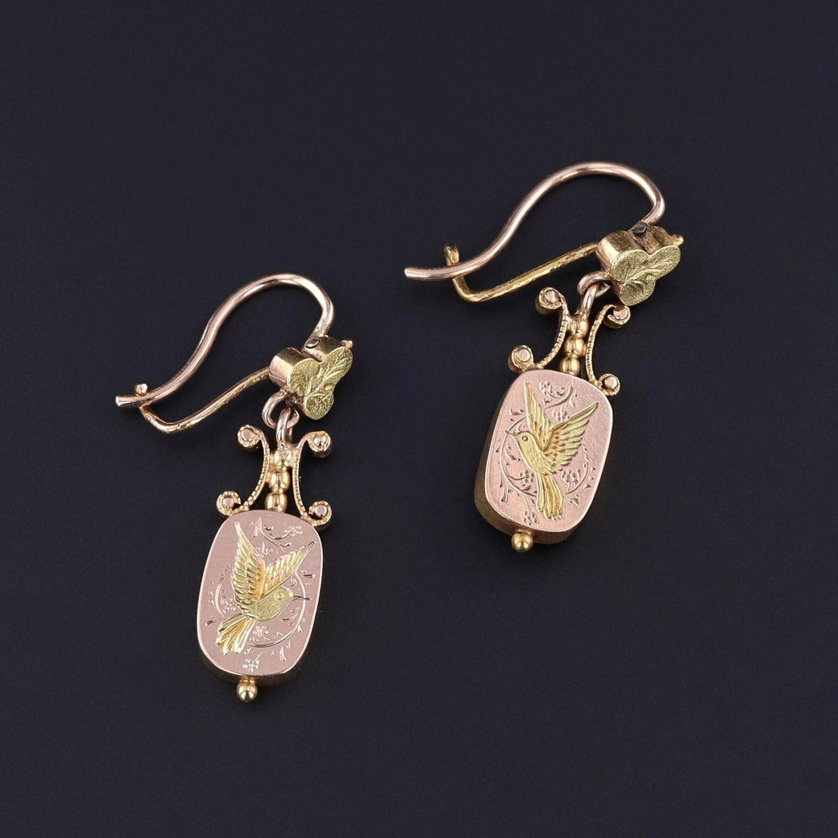 Antique Bird Earrings of 14k Rose and 18k Yellow Gold - Trademark Antiques