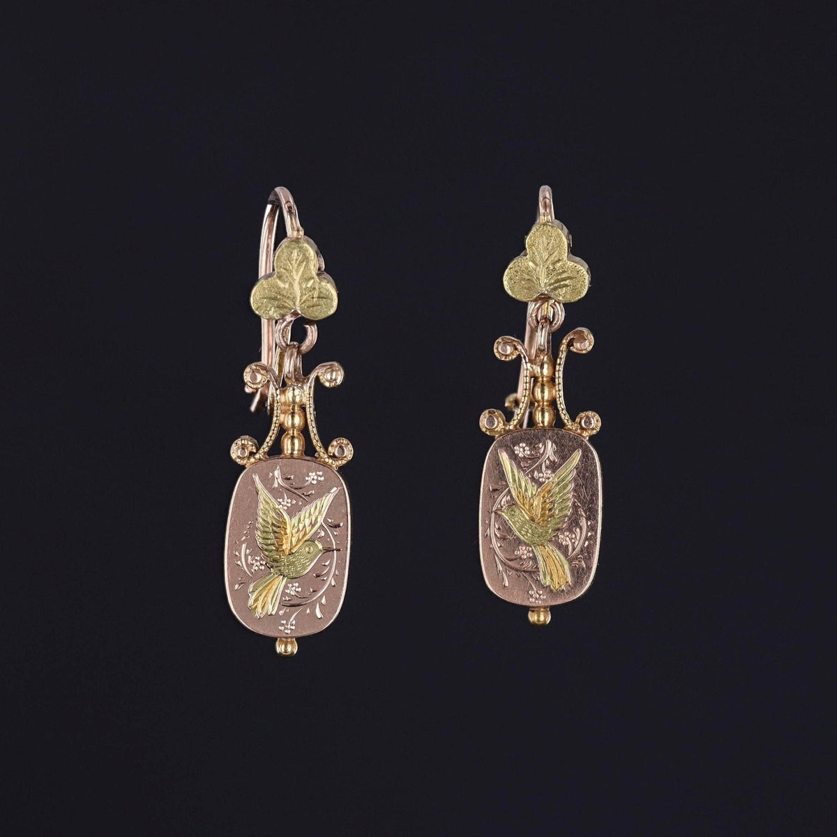 Antique Bird Earrings of 14k Rose and 18k Yellow Gold - Trademark Antiques