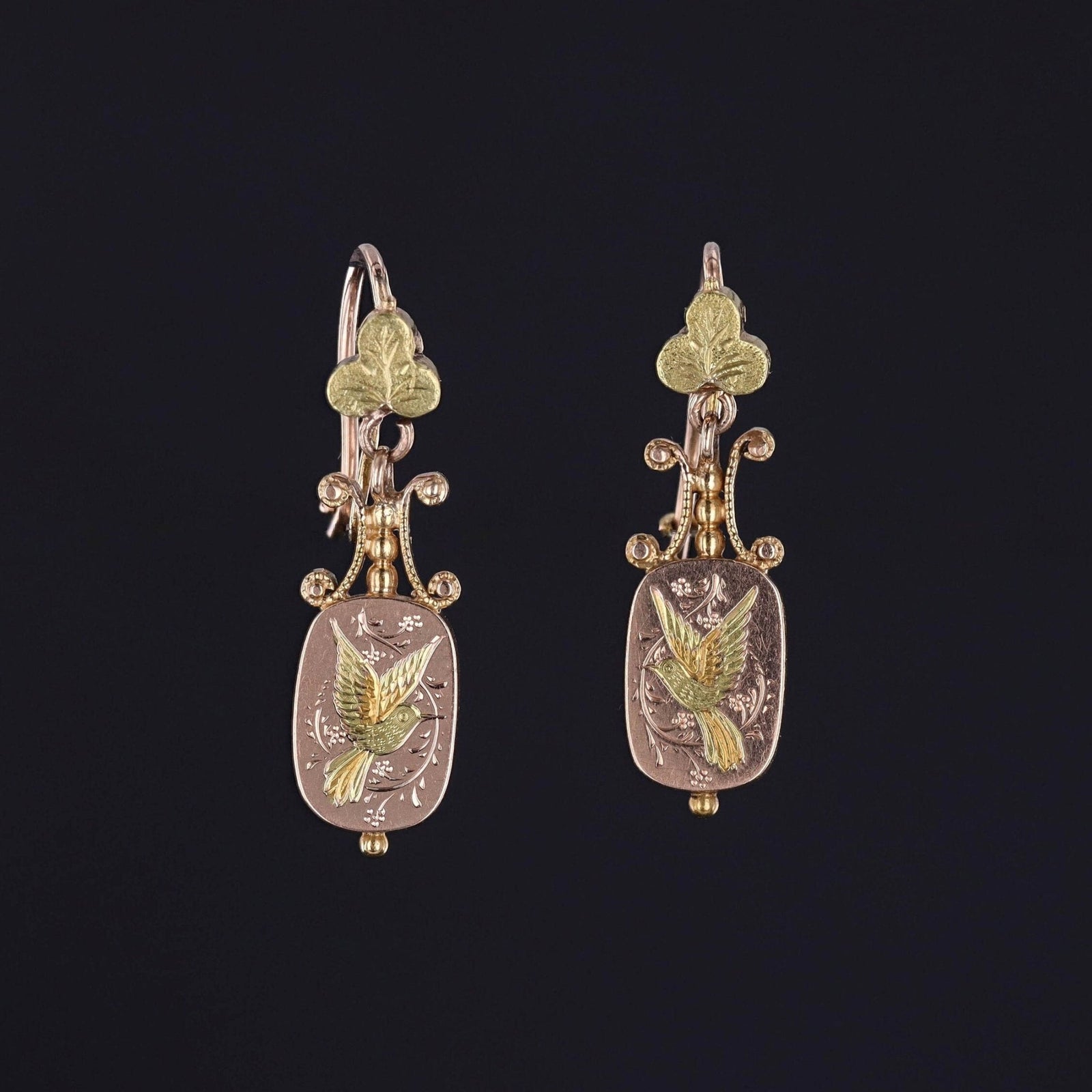 Antique Bird Earrings of 14k Rose and 18k Yellow Gold - Trademark Antiques