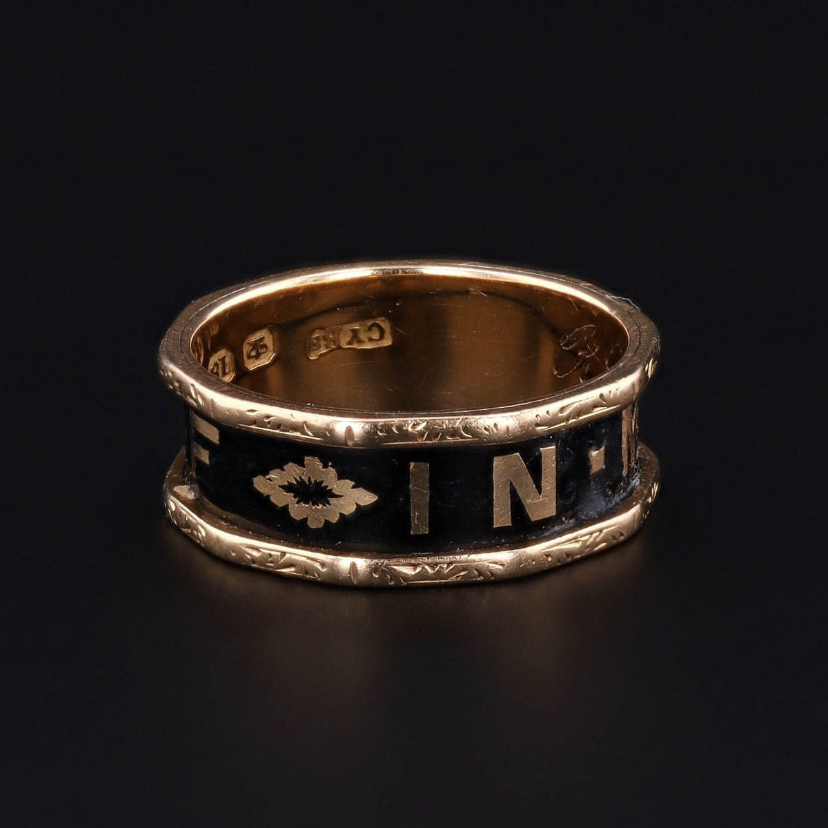 Antique Black Enamel 'In Memory Of' Mourning Ring of 18k Gold - Trademark Antiques