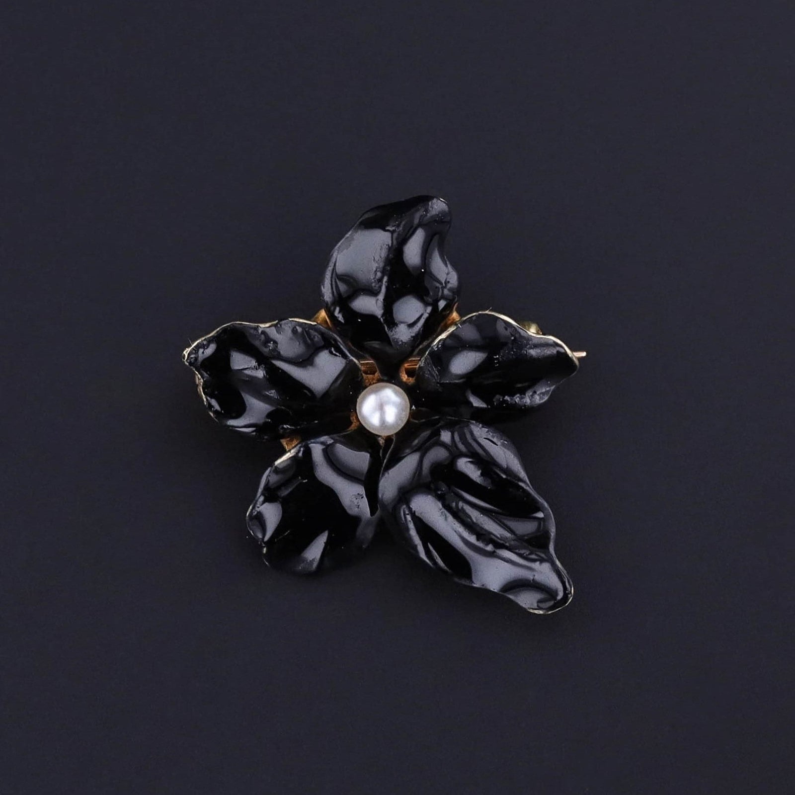 Antique Black Enamel Violet Brooch of 14k Gold - Trademark Antiques
