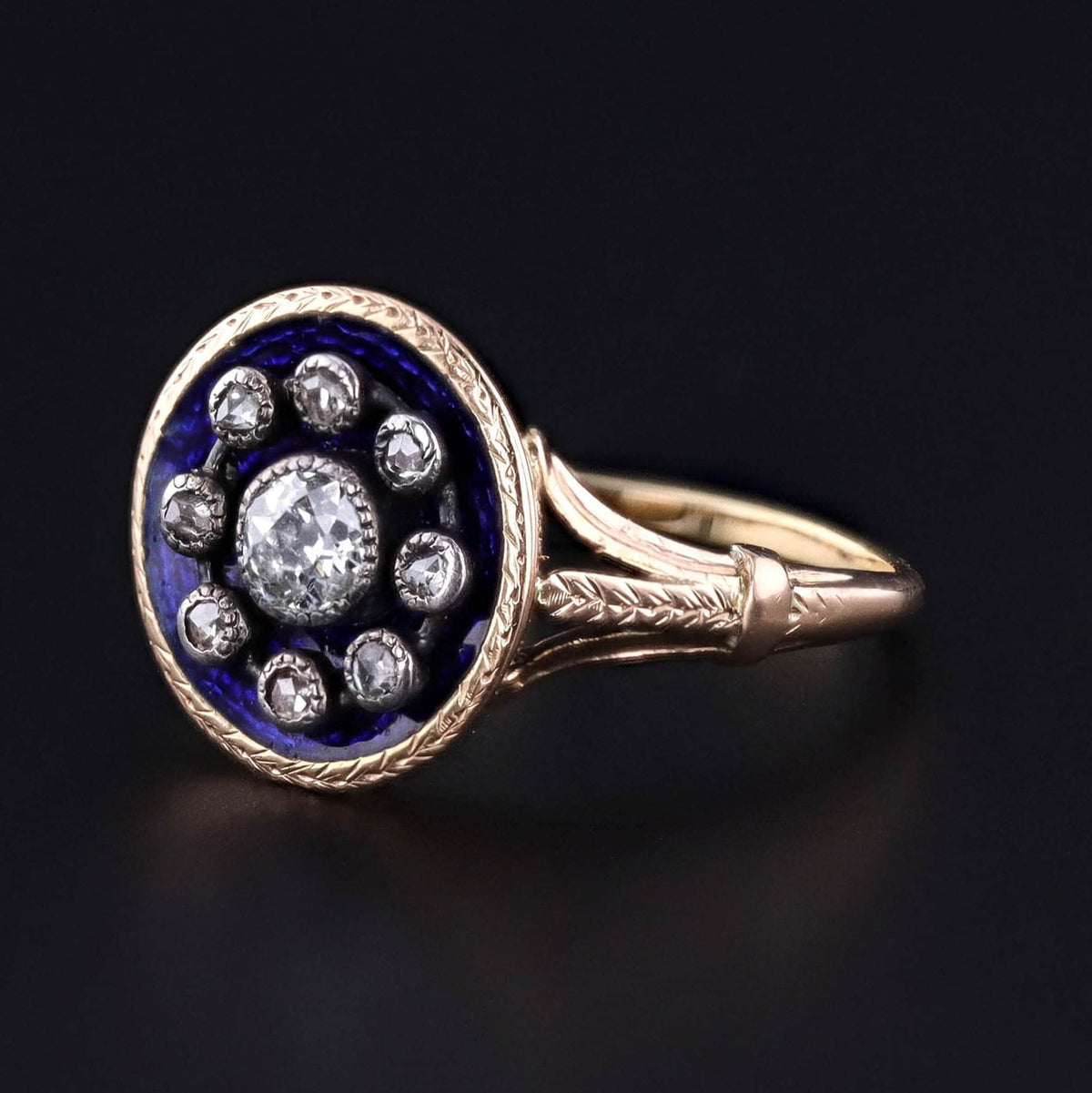 Antique Blue Enamel and Diamond Ring of 18k Gold - Trademark Antiques