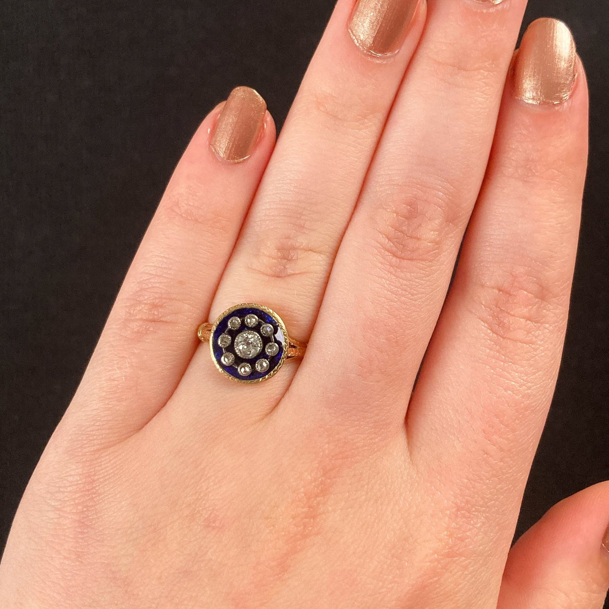 Antique Blue Enamel and Diamond Ring of 18k Gold - Trademark Antiques
