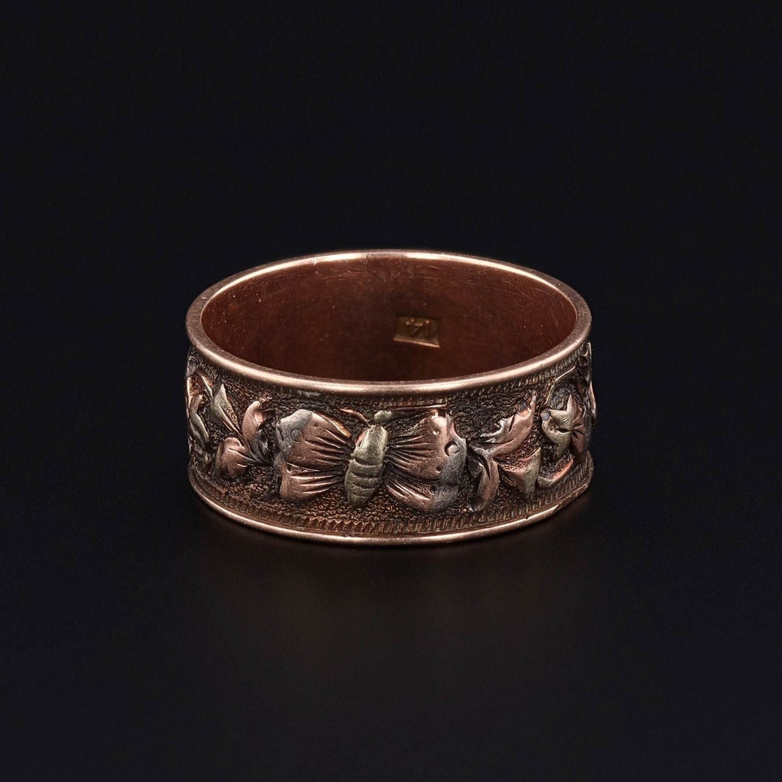Antique Butterfly Ring | 14k Tri Color Gold Cigar Band Ring - Trademark Antiques