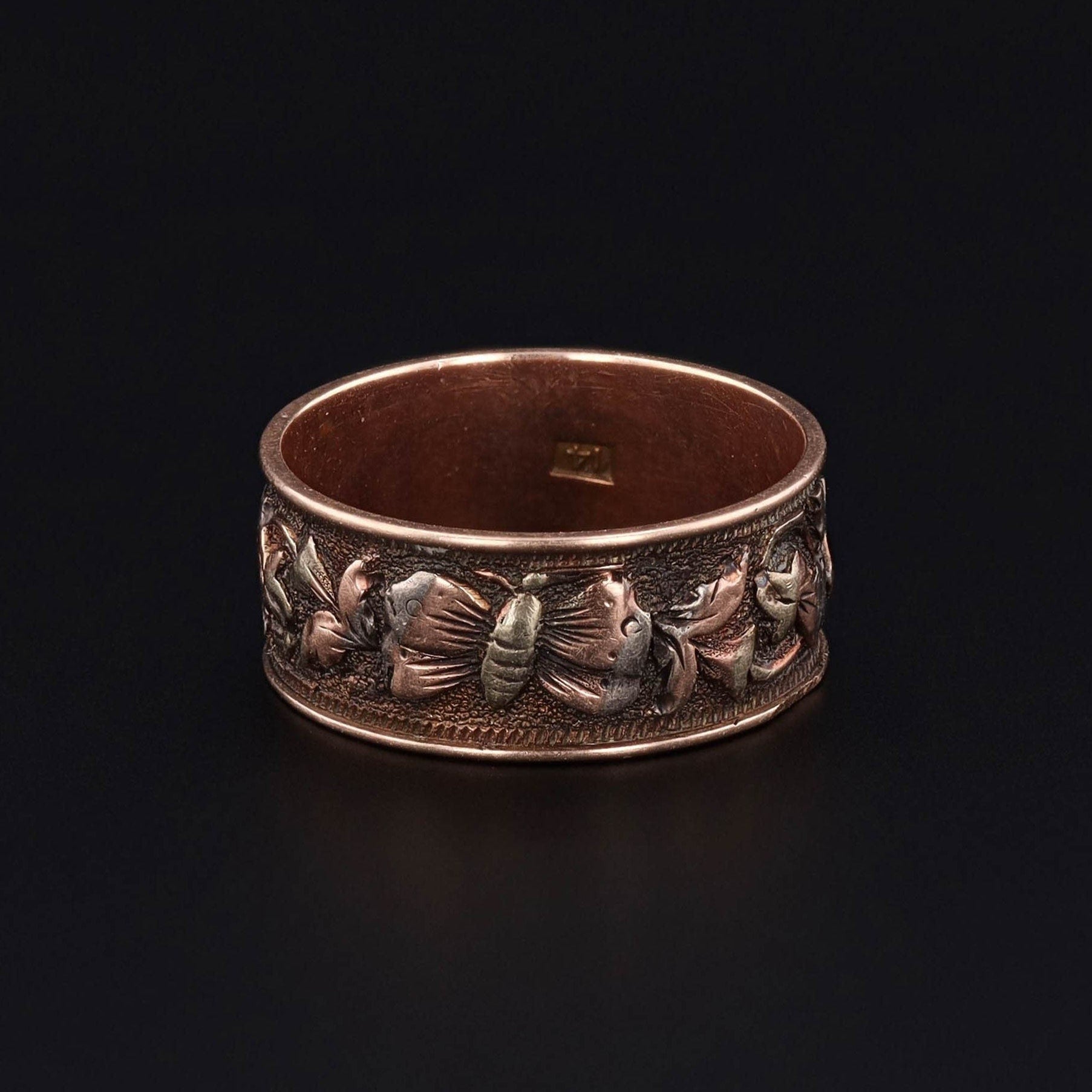 Antique Butterfly Ring | 14k Tri Color Gold Cigar Band Ring - Trademark Antiques